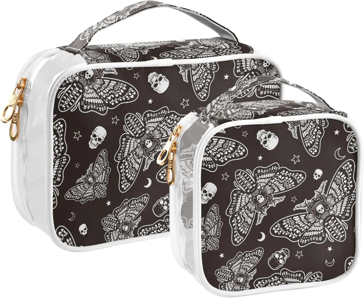 MNSRUU Clear Makeup Bags Moth Skull Moon Esoteric Toiletry Bag for Women 2 PCS Waterproof Clear Bags Clear Travel Toiletry Bag Small Cosmetic Makeup Bag, Carry on Airport Airline Compliant Bag