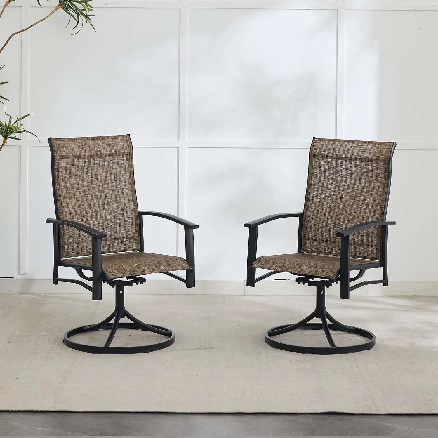 Mocha Outdoor Swivel Dining Chair Set of 2, All Weather Patio Dining Chair with Textilene High Back and Metal Frame for Backyard, Lawn Garde and Deck