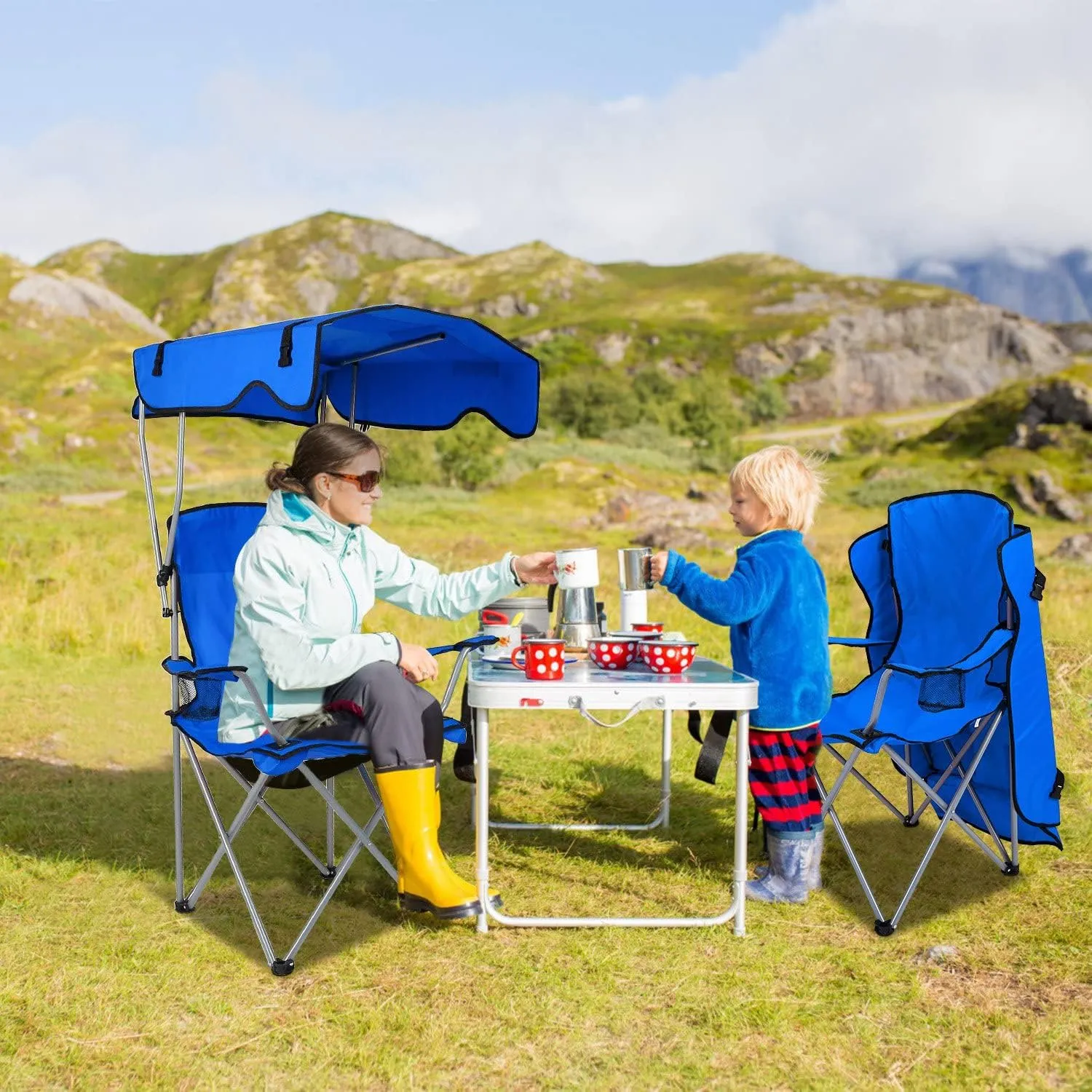 Moclever Folding Canopy Camp Chair – Heavy Duty Beach Chair with Sun Protection, Cup Holder & Padded Armrests for Outdoor Camping, Lawn, Park, Patio (Blue)