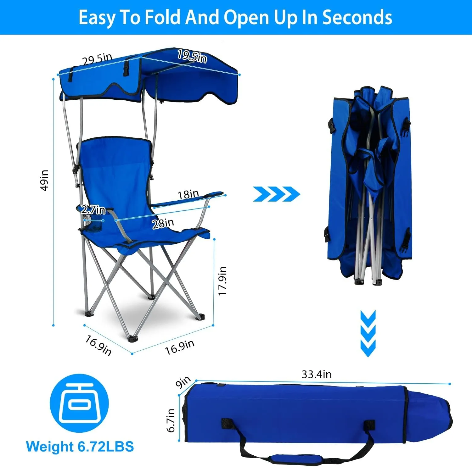 Moclever Folding Canopy Camp Chair – Heavy Duty Beach Chair with Sun Protection, Cup Holder & Padded Armrests for Outdoor Camping, Lawn, Park, Patio (Blue)