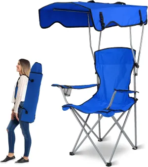 Moclever Folding Canopy Camp Chair – Heavy Duty Beach Chair with Sun Protection, Cup Holder & Padded Armrests for Outdoor Camping, Lawn, Park, Patio (Blue)