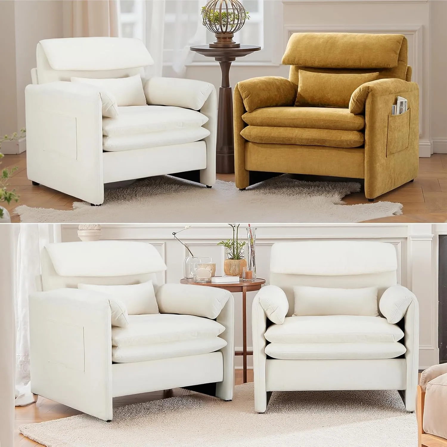 Modern Accent Chairs Set of 2 for Living Room, Upholstered Arm Chair Reading Chair, Single Sofa with Pillow for Kids, Bedroom, Apartment