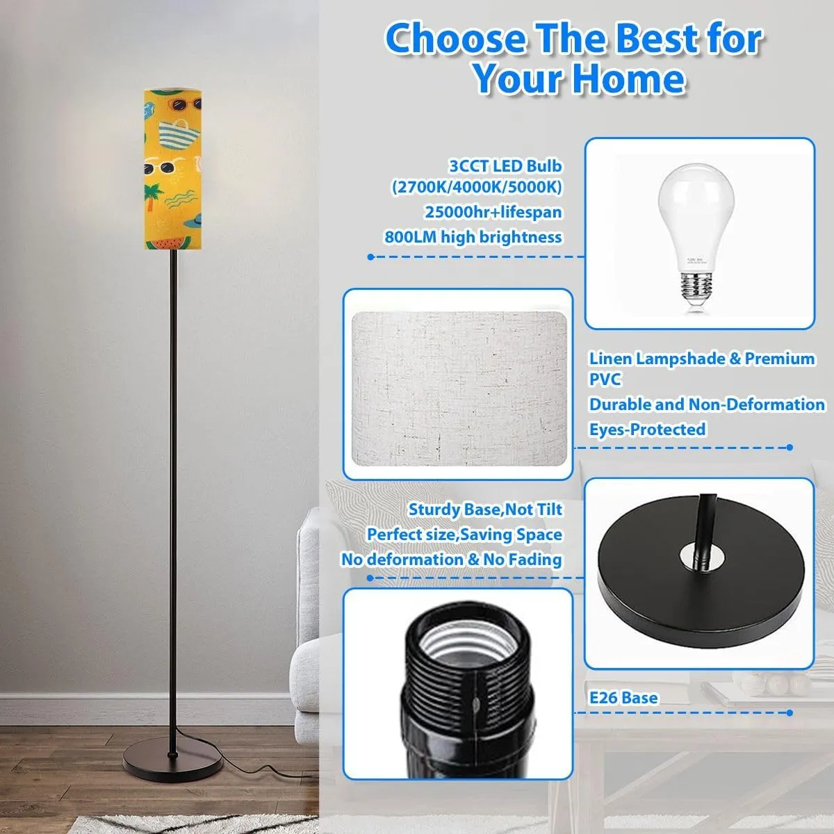 Modern Floor Lamps for Living Room Colorful Seamless Summer Hand Drawn Beach Elements Such as Standing Lamps with Linen Lampshade Tall Lamp Metal Pole Lamp for Bedroom Office Reading