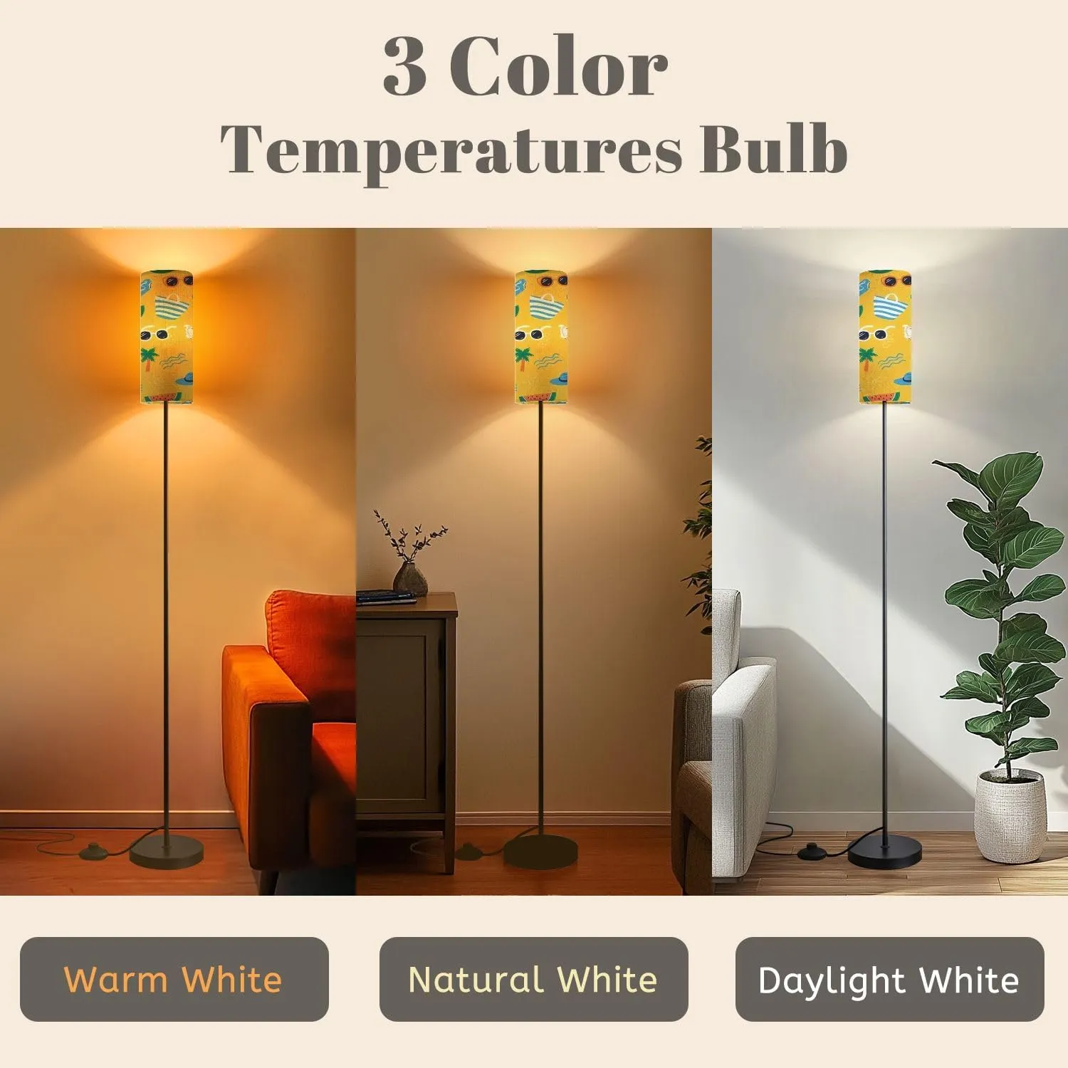 Modern Floor Lamps for Living Room Colorful Seamless Summer Hand Drawn Beach Elements Such as Standing Lamps with Linen Lampshade Tall Lamp Metal Pole Lamp for Bedroom Office Reading