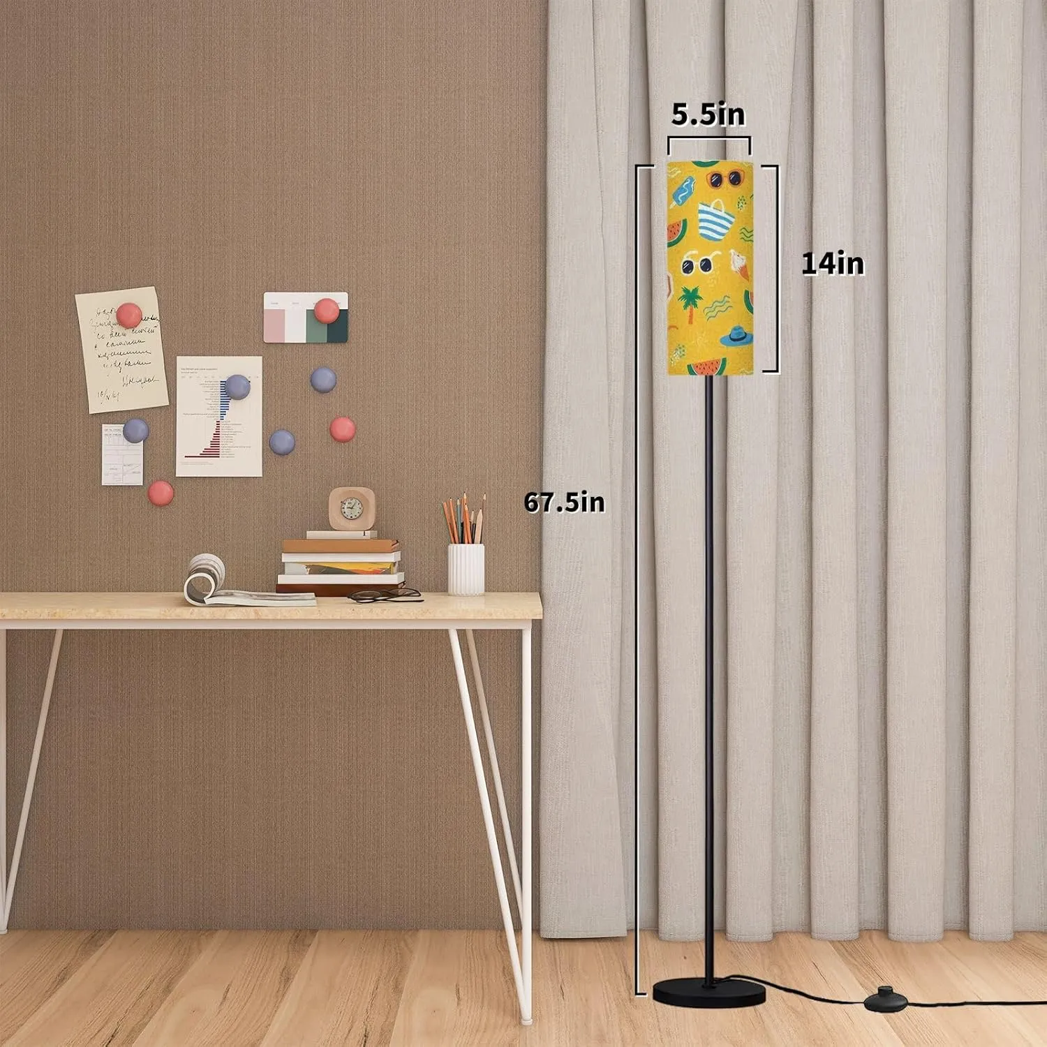 Modern Floor Lamps for Living Room Colorful Seamless Summer Hand Drawn Beach Elements Such as Standing Lamps with Linen Lampshade Tall Lamp Metal Pole Lamp for Bedroom Office Reading
