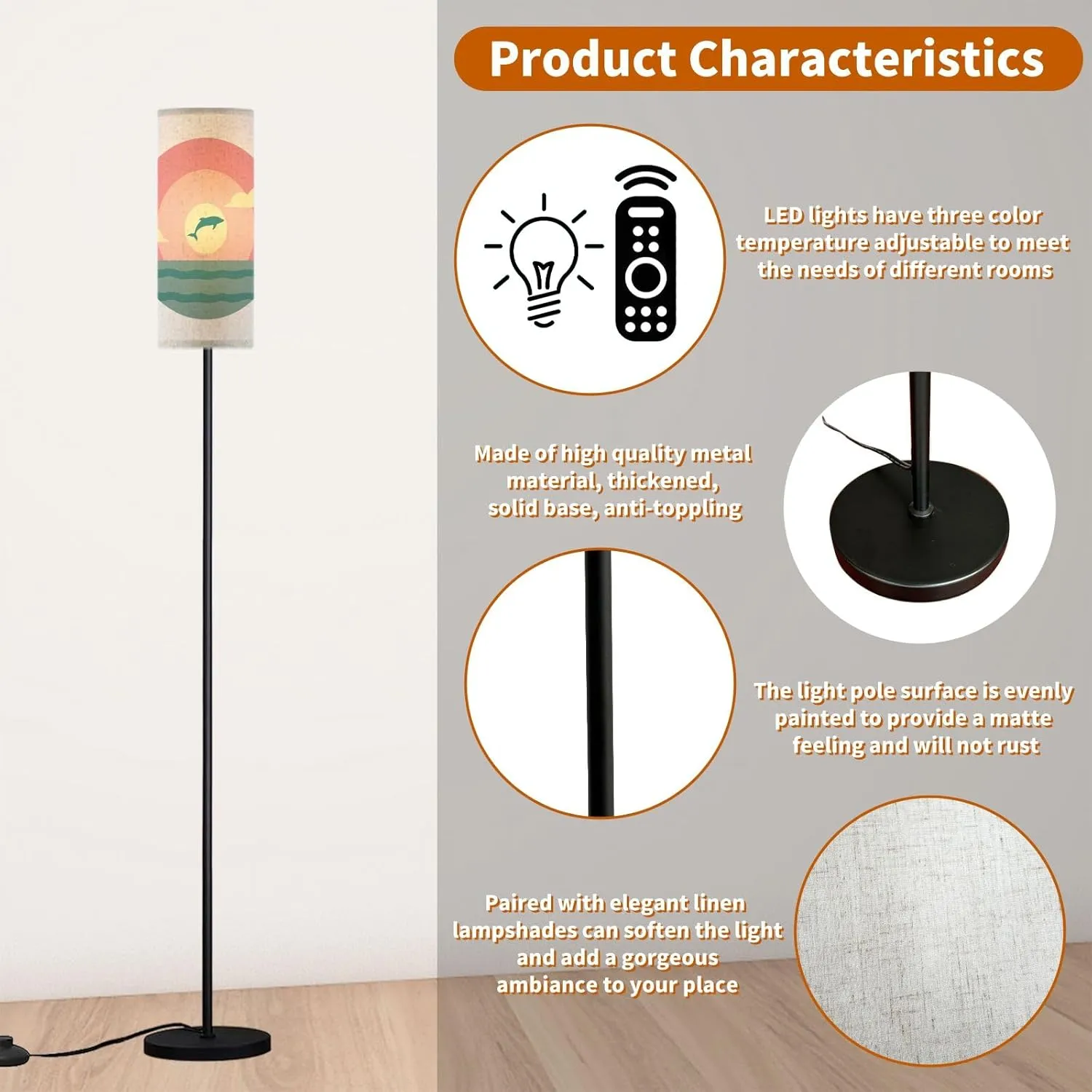 Modern Standing Lamps Dolphin Silhouette Jumping Ocean Surface Sun Circle Sunset Sunrise Floor Lamp Metal Pole Lamp with Linen Lampshade for Bedroom Living Room Office Nursery Reading Foot Switch