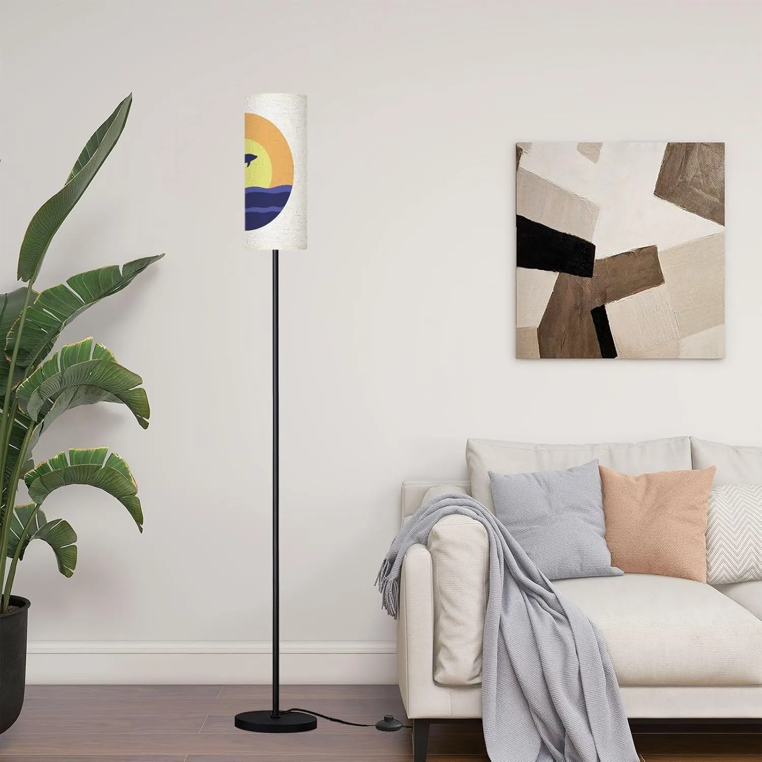 Modern Standing Lamps Dolphin Silhouette Jumping Ocean Surface Sun Circle Sunset Sunrise Floor Lamp Metal Pole Lamp with Linen Lampshade for Bedroom Living Room Office Nursery Reading Foot Switch