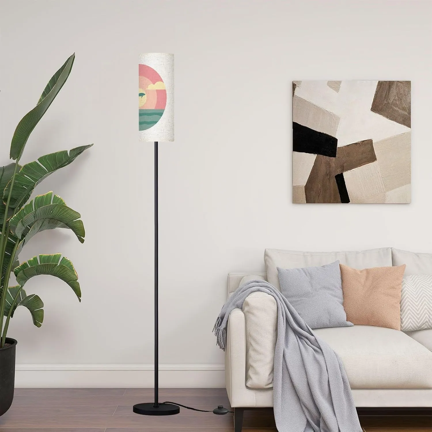 Modern Standing Lamps Dolphin Silhouette Jumping Ocean Surface Sun Circle Sunset Sunrise Floor Lamp Metal Pole Lamp with Linen Lampshade for Bedroom Living Room Office Nursery Reading Foot Switch
