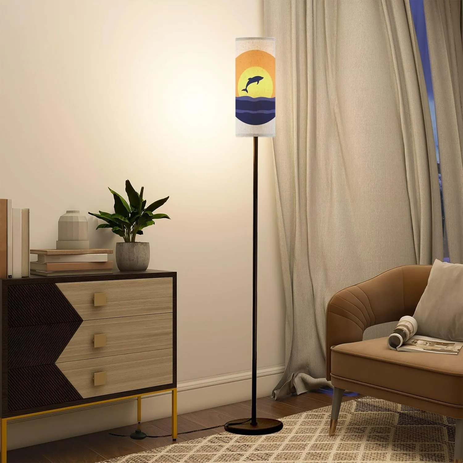 Modern Standing Lamps Dolphin Silhouette Jumping Ocean Surface Sun Circle Sunset Sunrise Floor Lamp Metal Pole Lamp with Linen Lampshade for Bedroom Living Room Office Nursery Reading Foot Switch