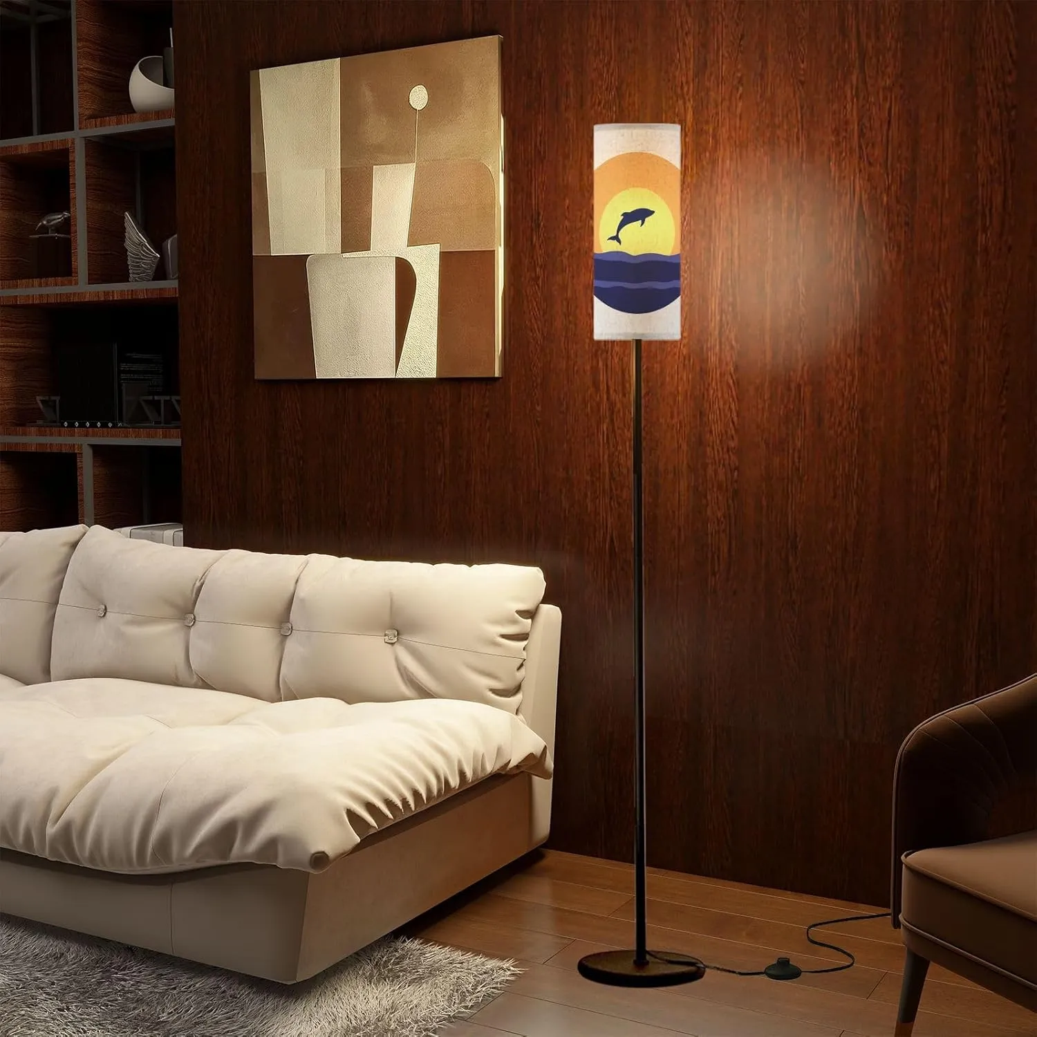 Modern Standing Lamps Dolphin Silhouette Jumping Ocean Surface Sun Circle Sunset Sunrise Floor Lamp Metal Pole Lamp with Linen Lampshade for Bedroom Living Room Office Nursery Reading Foot Switch