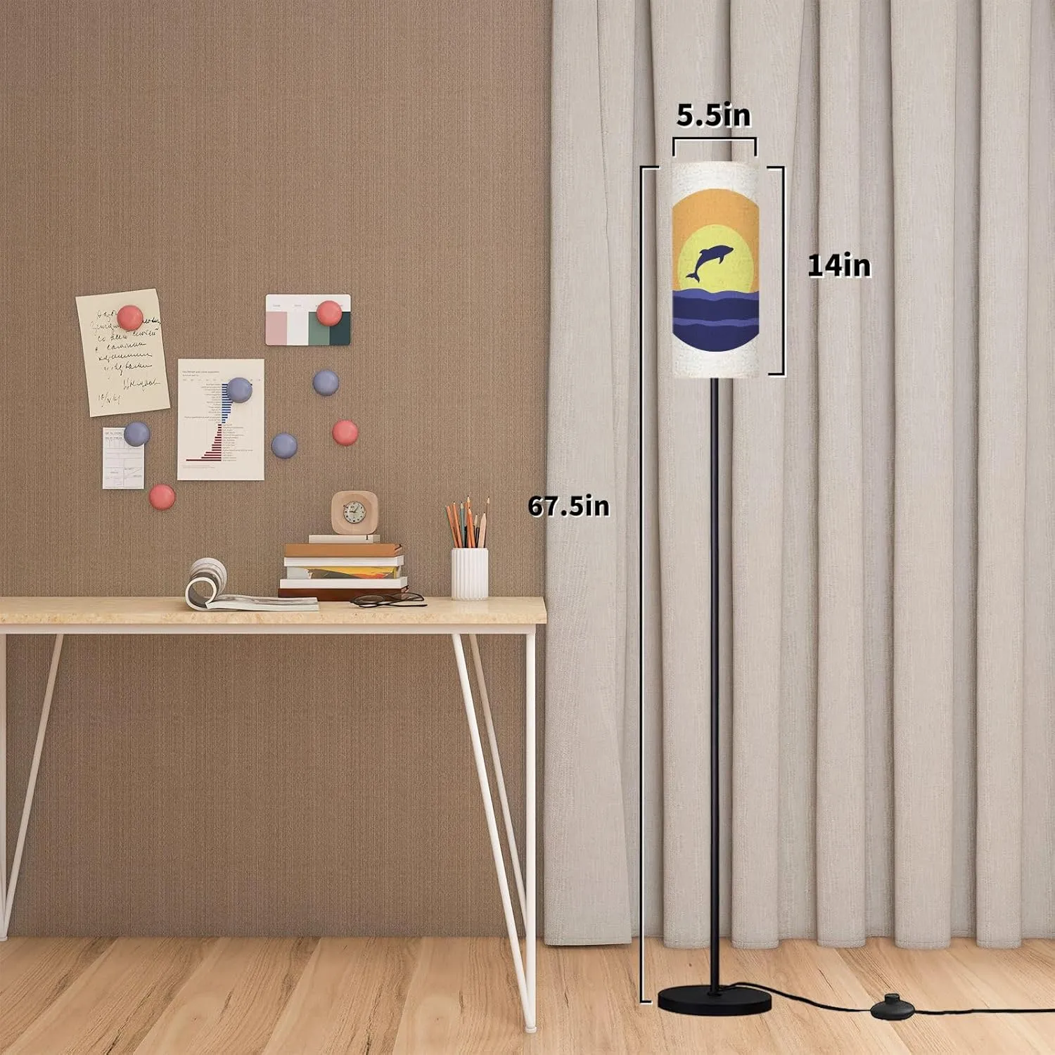 Modern Standing Lamps Dolphin Silhouette Jumping Ocean Surface Sun Circle Sunset Sunrise Floor Lamp Metal Pole Lamp with Linen Lampshade for Bedroom Living Room Office Nursery Reading Foot Switch