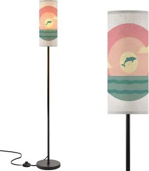 Modern Standing Lamps Dolphin Silhouette Jumping Ocean Surface Sun Circle Sunset Sunrise Floor Lamp Metal Pole Lamp with Linen Lampshade for Bedroom Living Room Office Nursery Reading Foot Switch