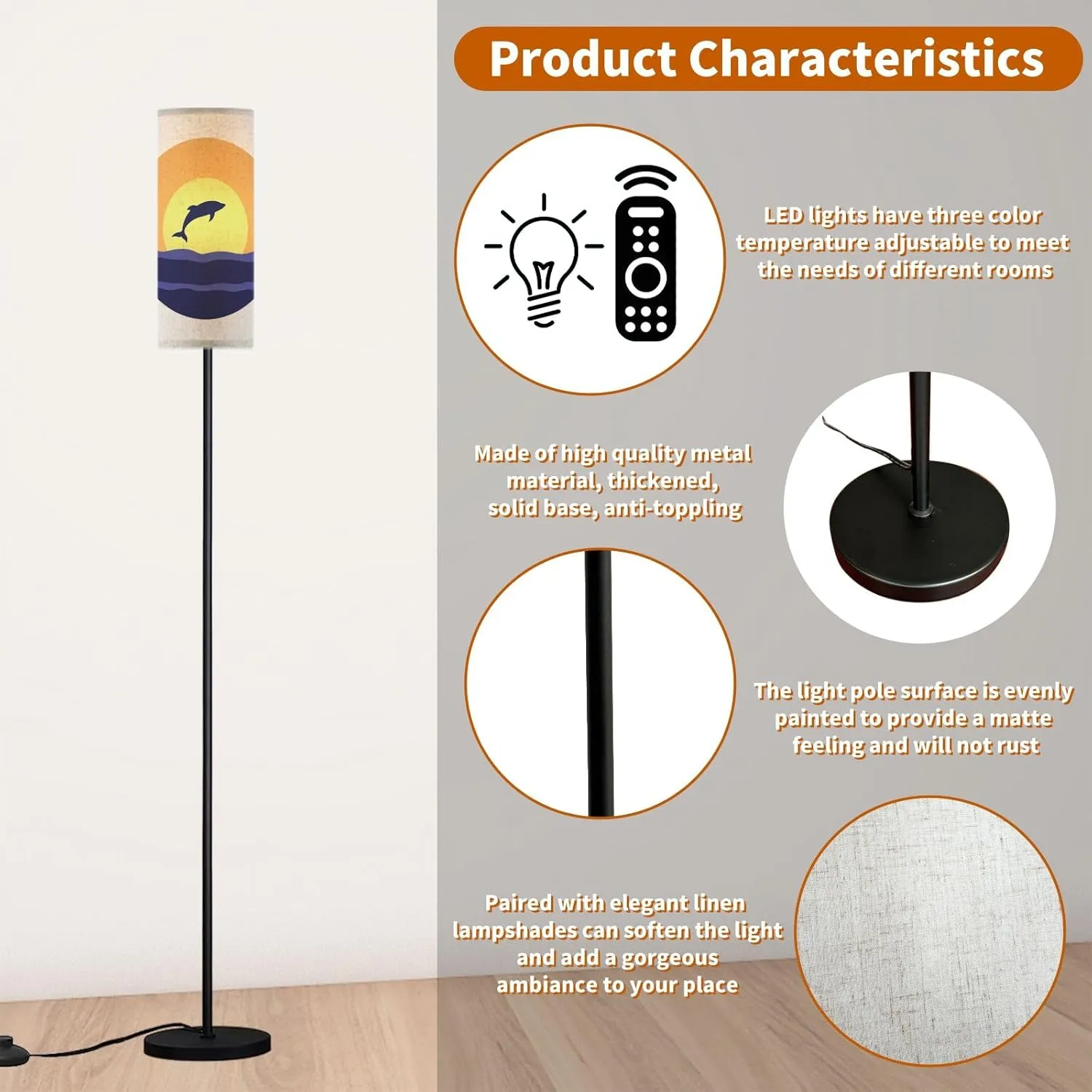 Modern Standing Lamps Dolphin Silhouette Jumping Ocean Surface Sun Circle Sunset Sunrise Floor Lamp Metal Pole Lamp with Linen Lampshade for Bedroom Living Room Office Nursery Reading Foot Switch