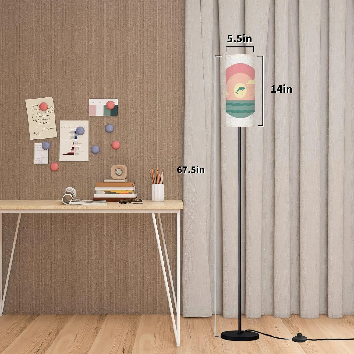 Modern Standing Lamps Dolphin Silhouette Jumping Ocean Surface Sun Circle Sunset Sunrise Floor Lamp Metal Pole Lamp with Linen Lampshade for Bedroom Living Room Office Nursery Reading Foot Switch