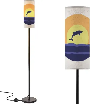 Modern Standing Lamps Dolphin Silhouette Jumping Ocean Surface Sun Circle Sunset Sunrise Floor Lamp Metal Pole Lamp with Linen Lampshade for Bedroom Living Room Office Nursery Reading Foot Switch
