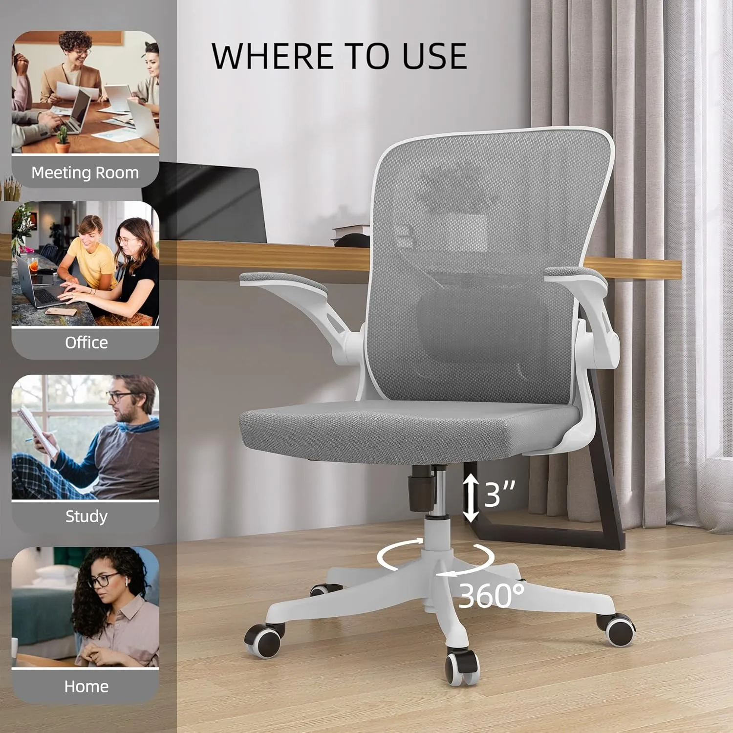 Monhey Office Chair Ergonomic Desk Chair with Lumbar Support&Headrest&Flip-up Arms Height Adjustable Rocking Swivel High Back Computer Chair Warm Taupe Mesh Study Chair (01White Gray)