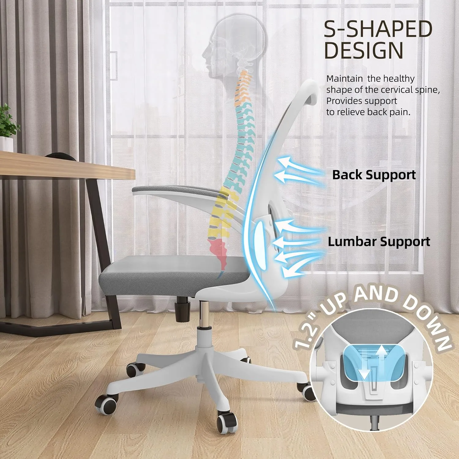 Monhey Office Chair Ergonomic Desk Chair with Lumbar Support&Headrest&Flip-up Arms Height Adjustable Rocking Swivel High Back Computer Chair Warm Taupe Mesh Study Chair (01White Gray)