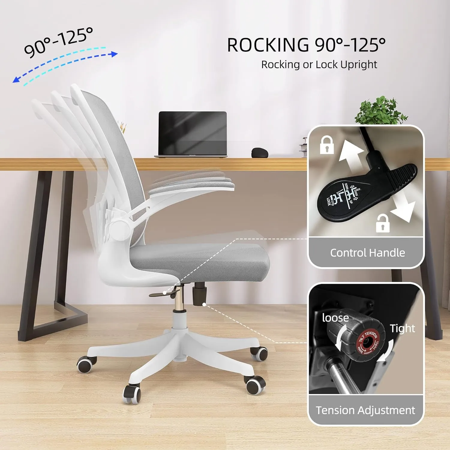 Monhey Office Chair Ergonomic Desk Chair with Lumbar Support&Headrest&Flip-up Arms Height Adjustable Rocking Swivel High Back Computer Chair Warm Taupe Mesh Study Chair (01White Gray)