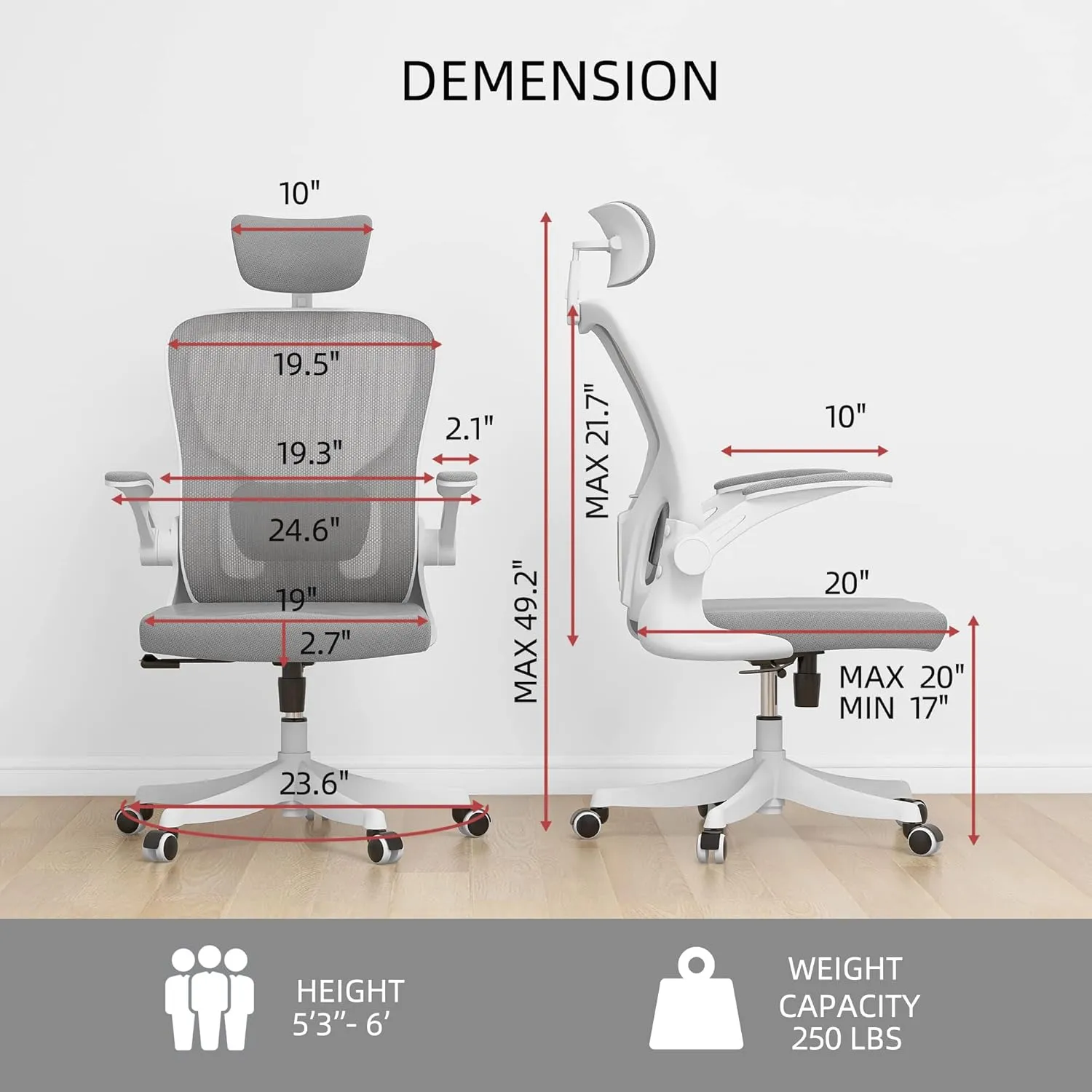 Monhey Office Chair Ergonomic Desk Chair with Lumbar Support&Headrest&Flip-up Arms Height Adjustable Rocking Swivel High Back Computer Chair Warm Taupe Mesh Study Chair (01White Gray)