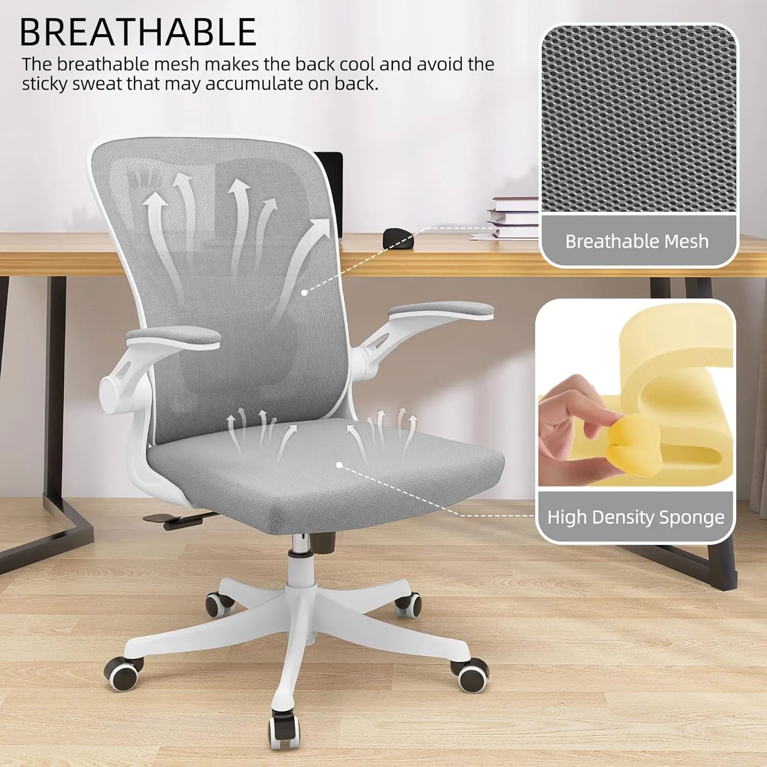 Monhey Office Chair Ergonomic Desk Chair with Lumbar Support&Headrest&Flip-up Arms Height Adjustable Rocking Swivel High Back Computer Chair Warm Taupe Mesh Study Chair (01White Gray)