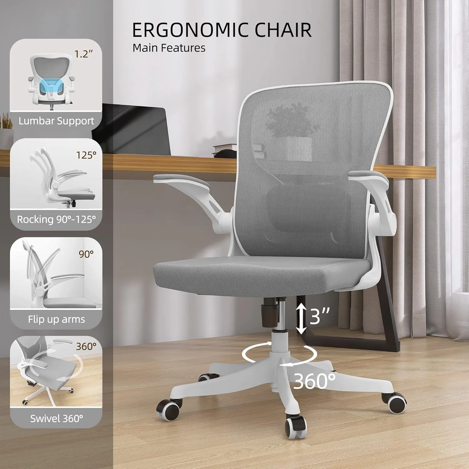 Monhey Office Chair Ergonomic Desk Chair with Lumbar Support&Headrest&Flip-up Arms Height Adjustable Rocking Swivel High Back Computer Chair Warm Taupe Mesh Study Chair (01White Gray)
