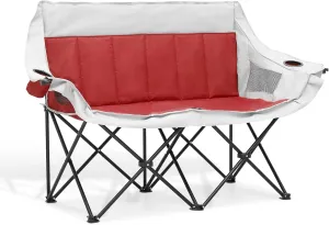 MoNiBloom Collapsible Double Camping Loveseat Chair Outdoor Beach Lawn Picnic Hiking Travel Portable Foldable Collapsible 2-Person Love Seat Camp Chair for Adults (Red and Light Gray)