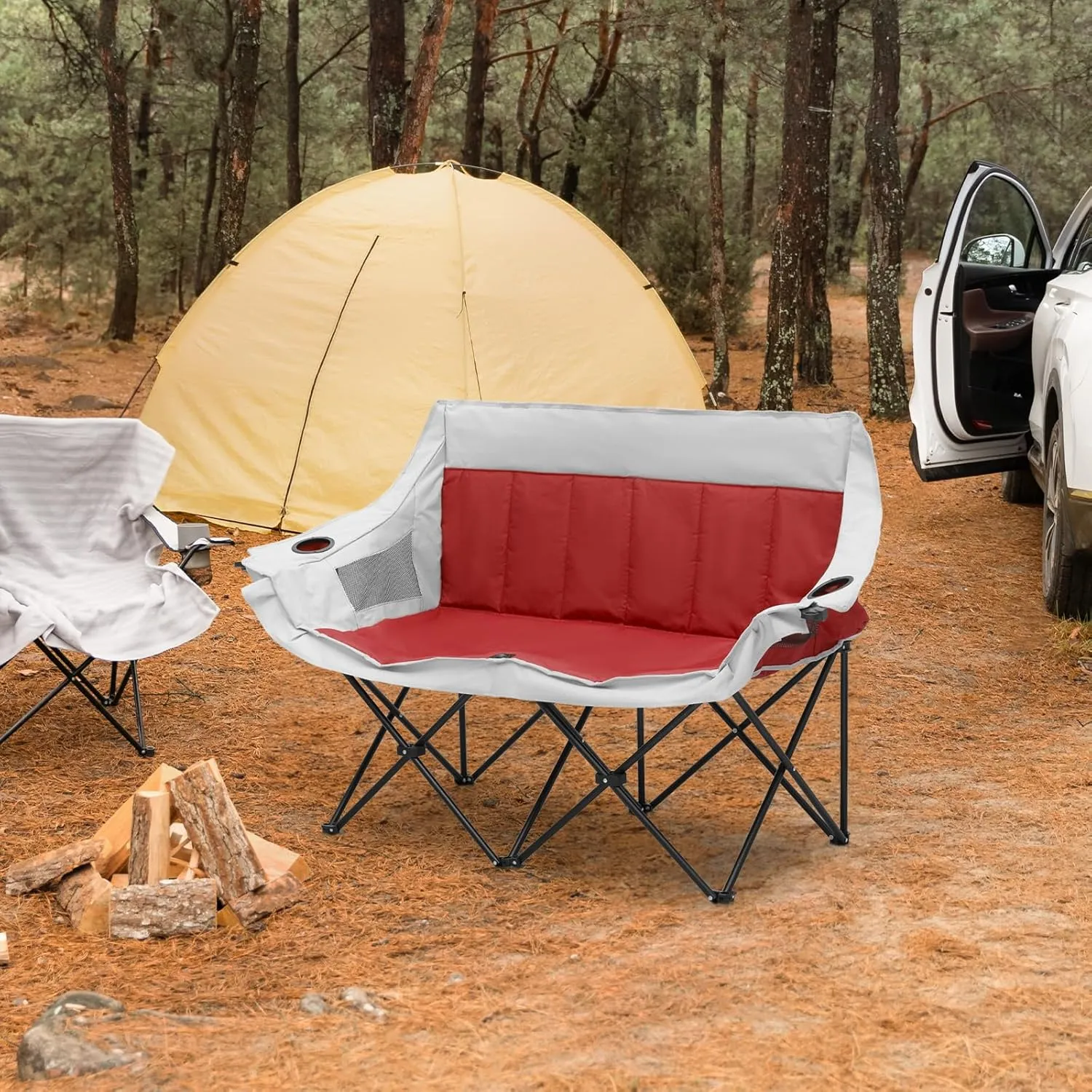 MoNiBloom Collapsible Double Camping Loveseat Chair Outdoor Beach Lawn Picnic Hiking Travel Portable Foldable Collapsible 2-Person Love Seat Camp Chair for Adults (Red and Light Gray)