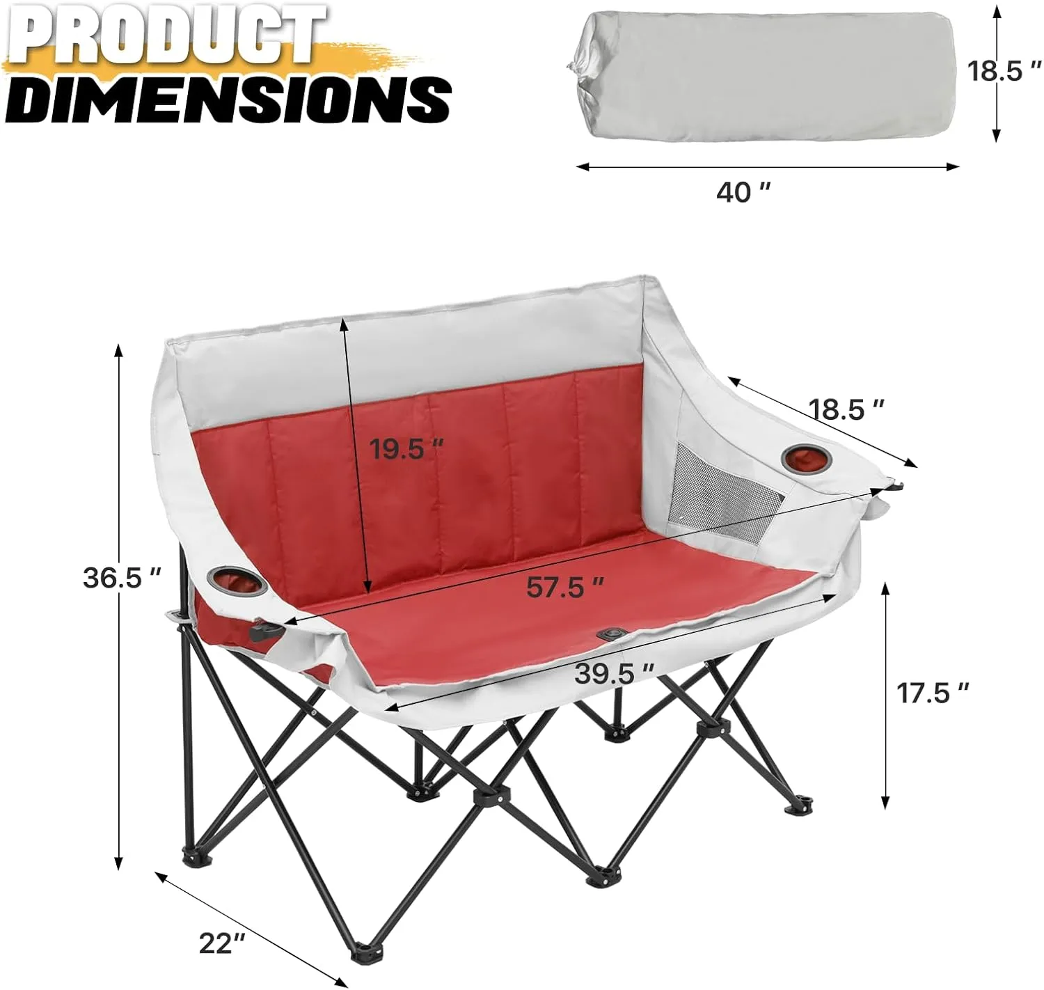 MoNiBloom Collapsible Double Camping Loveseat Chair Outdoor Beach Lawn Picnic Hiking Travel Portable Foldable Collapsible 2-Person Love Seat Camp Chair for Adults (Red and Light Gray)
