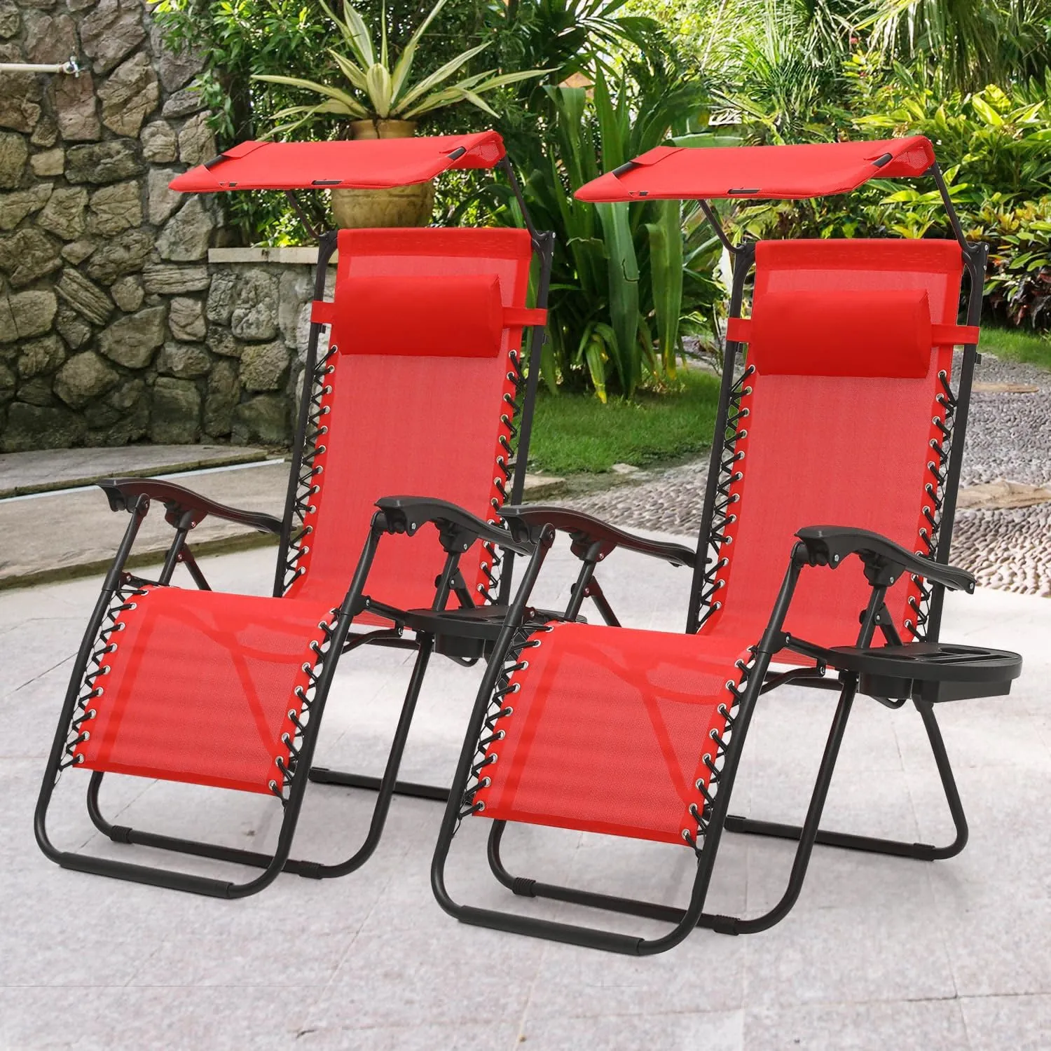 MoNiBloom Zero Gravity Chair Set of 2 with Canopy Shade, Patio Folding Anti Gravity Recliner, Foldable Outdoor Lounger with Cup Holder Tray for Beach Camping, Red