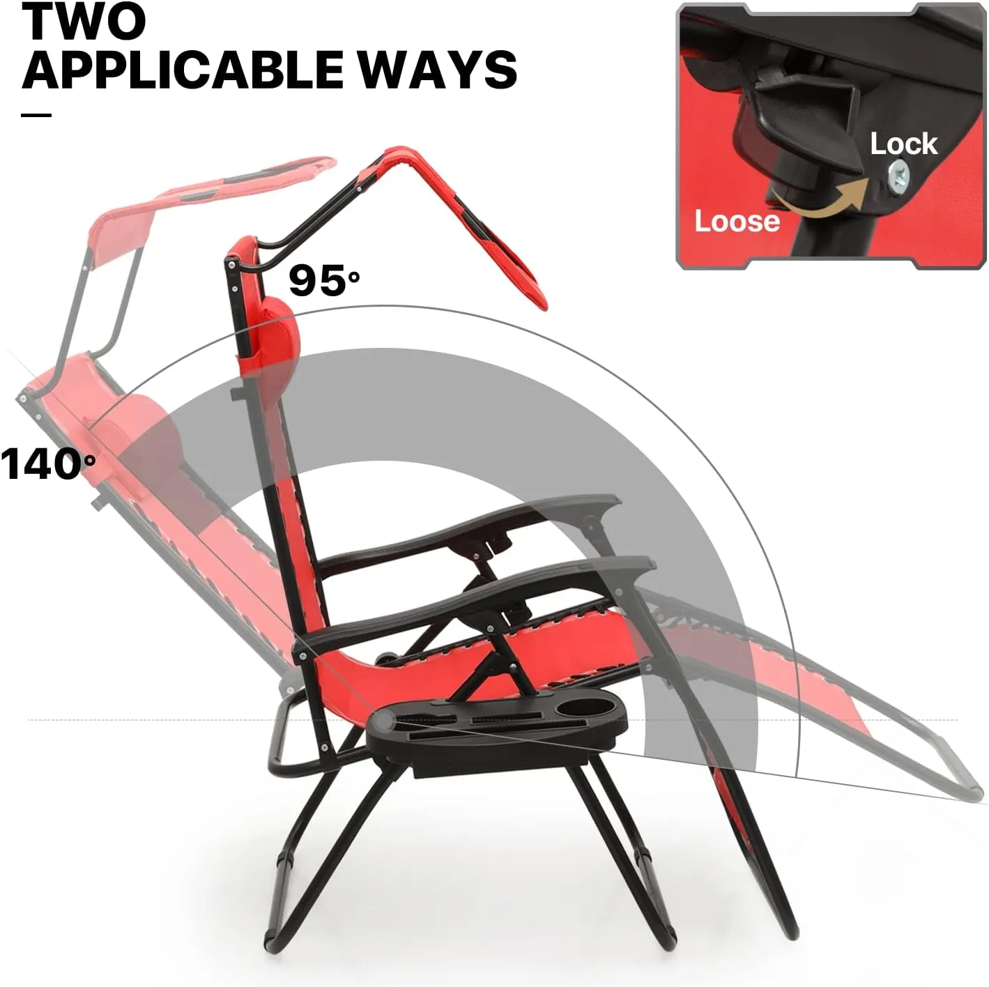 MoNiBloom Zero Gravity Chair Set of 2 with Canopy Shade, Patio Folding Anti Gravity Recliner, Foldable Outdoor Lounger with Cup Holder Tray for Beach Camping, Red
