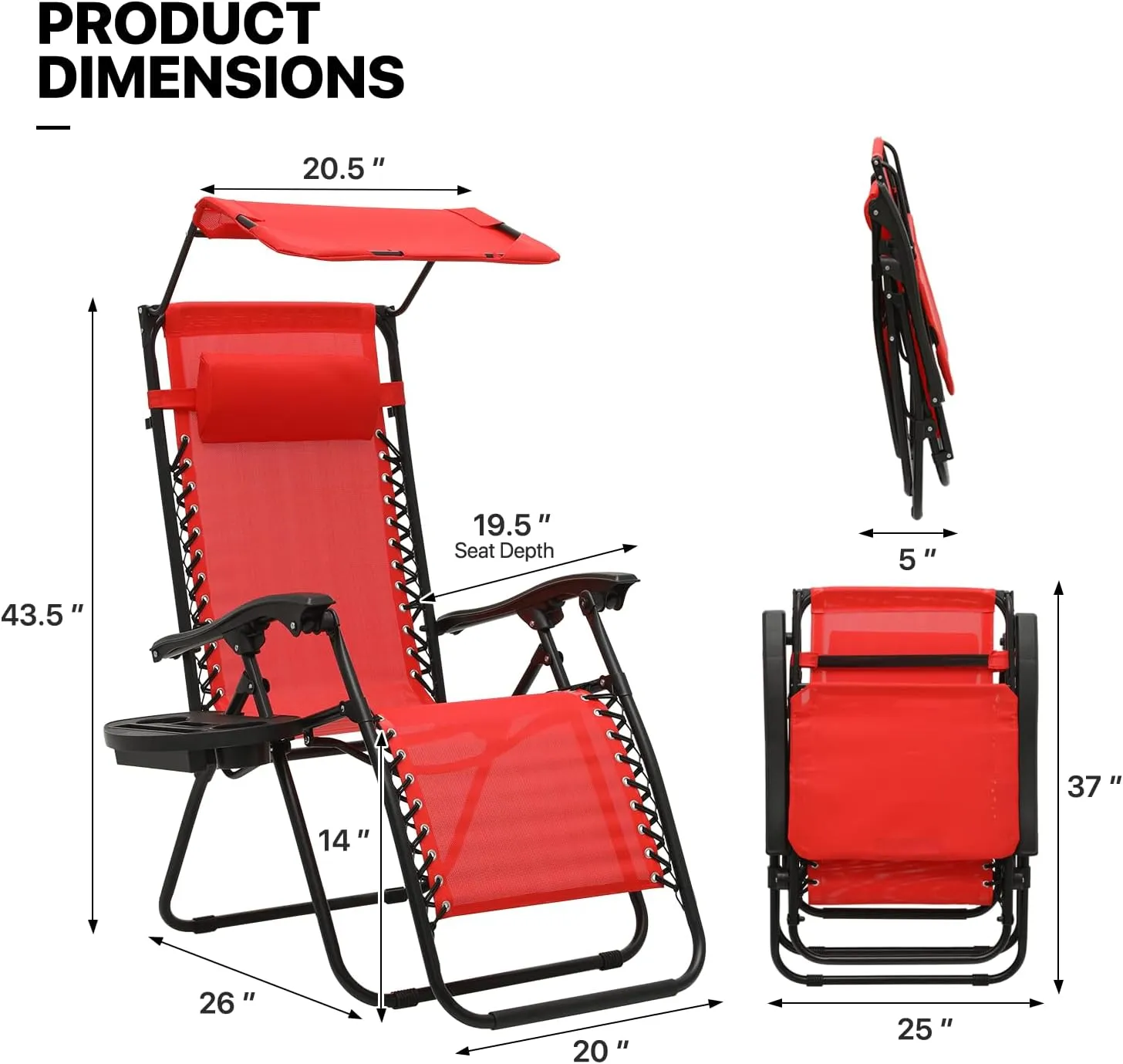 MoNiBloom Zero Gravity Chair Set of 2 with Canopy Shade, Patio Folding Anti Gravity Recliner, Foldable Outdoor Lounger with Cup Holder Tray for Beach Camping, Red