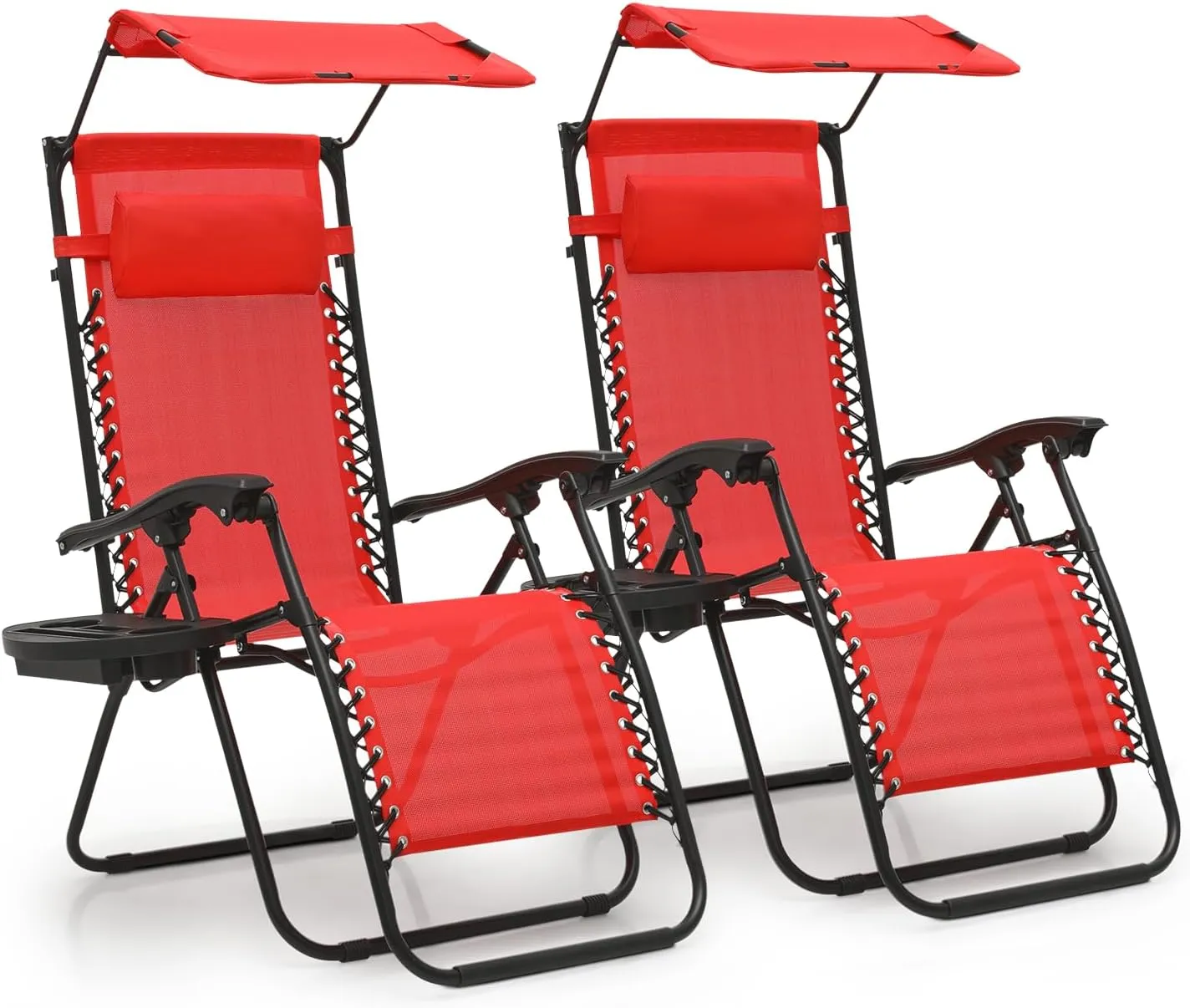 MoNiBloom Zero Gravity Chair Set of 2 with Canopy Shade, Patio Folding Anti Gravity Recliner, Foldable Outdoor Lounger with Cup Holder Tray for Beach Camping, Red