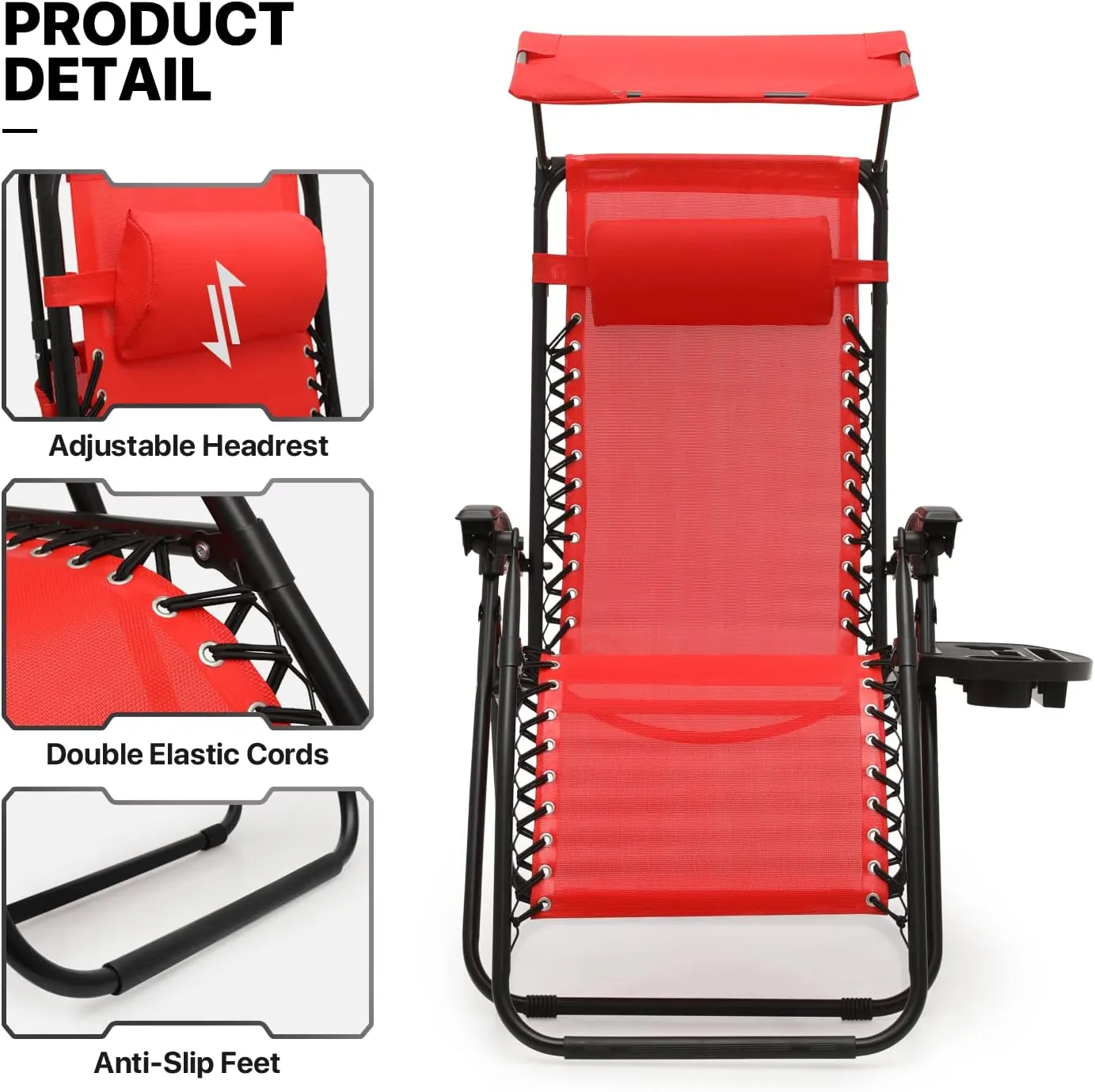 MoNiBloom Zero Gravity Chair Set of 2 with Canopy Shade, Patio Folding Anti Gravity Recliner, Foldable Outdoor Lounger with Cup Holder Tray for Beach Camping, Red