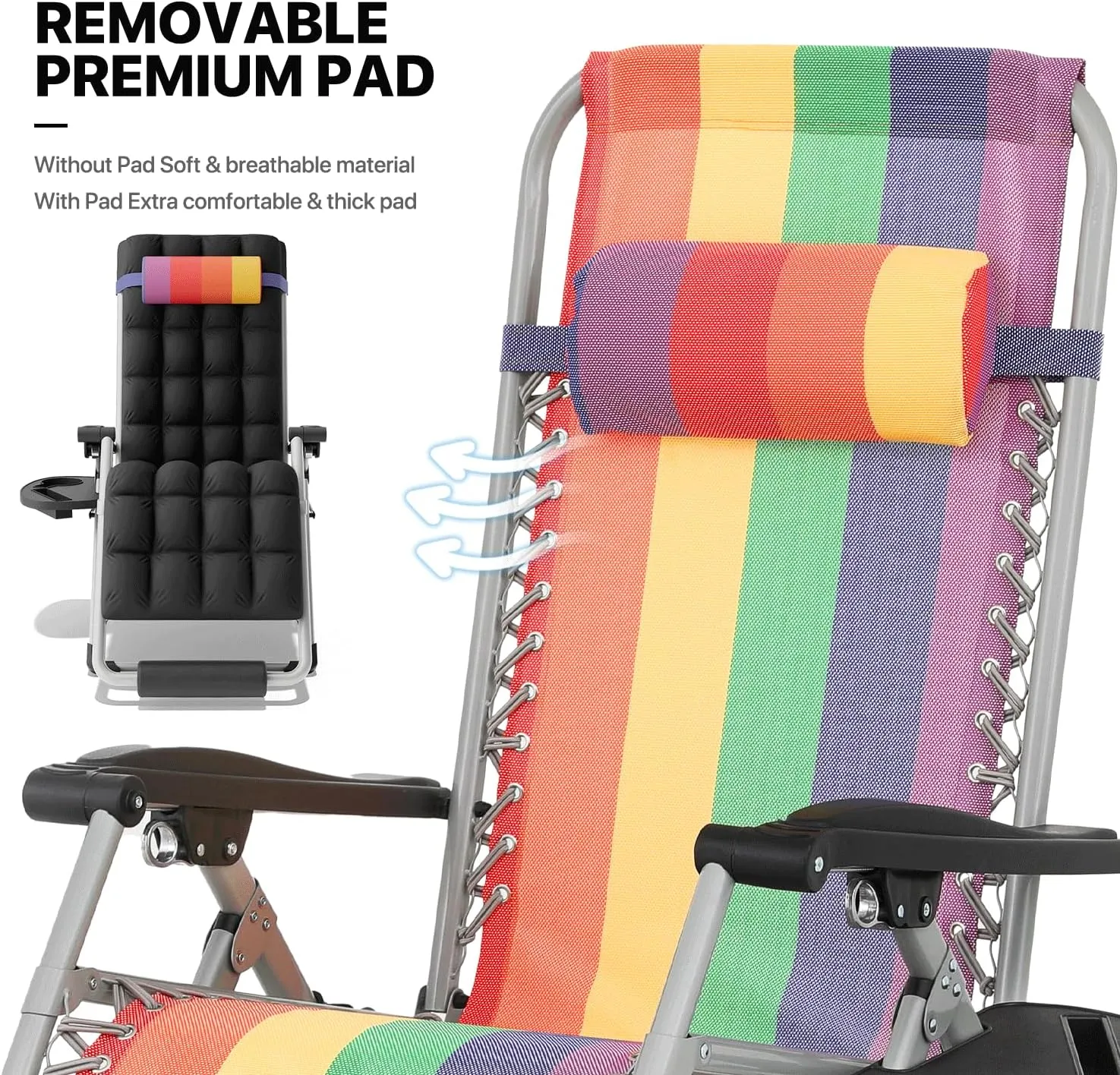 MoNiBloom Zero Gravity Lounge Chair with Cushion, Padded Patio Anti Gravity Recliner, Foldable Outdoor Lounger with Cup Holder Tray, Headrest and Footrest for Beach Camping, Rainbow