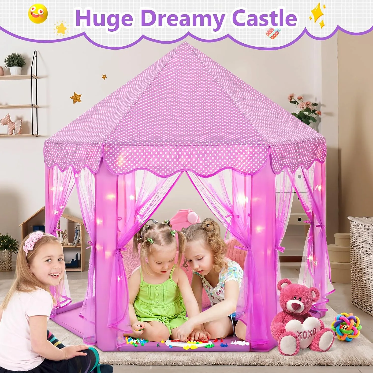 Monobeach Princess Tent Girls Large Playhouse Kids Castle Play Tent with Star Lights Gift Toy for Children Indoor and Outdoor Games, 55'' x 53'' (DxH) (Purple)