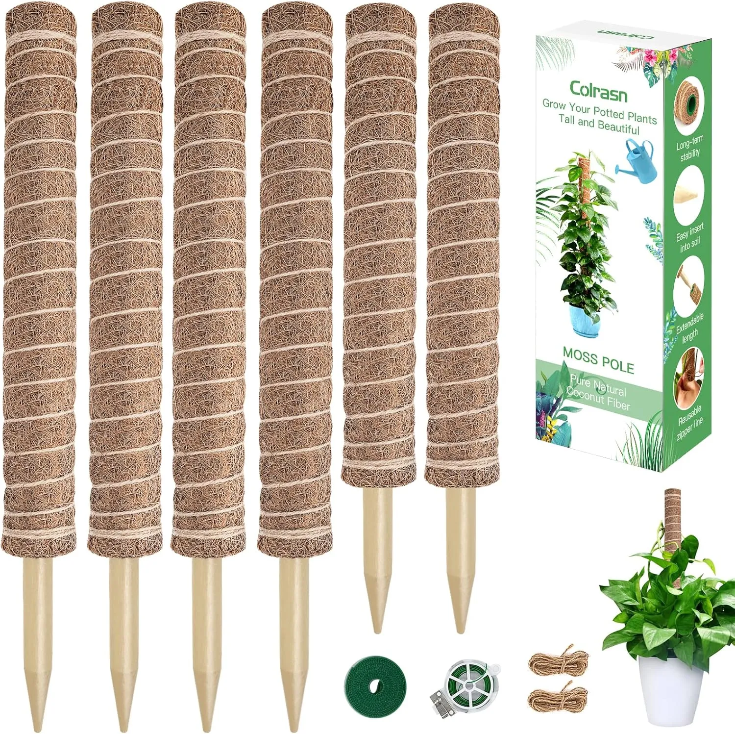Moss Pole for Plants Monstera, Extra-Long 115 inch Moss Stick for Climbing Plants, 4 Pcs 20.5" and 2 Pcs 16.5" Coco Coir Pole for Indoor Potted Plants Grow Upwards, Totem Pole Plant Support