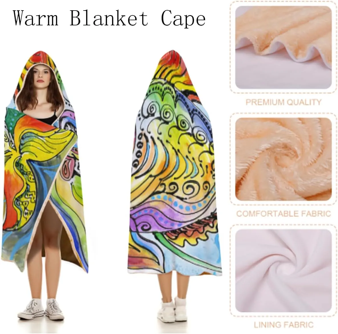 Multi Colored Hooded Wearable Blanket Spectral Color Motion Graphic Schools Throw Blanket Cozy Warm for Bed Couch Chair Home Travel Mandala Design