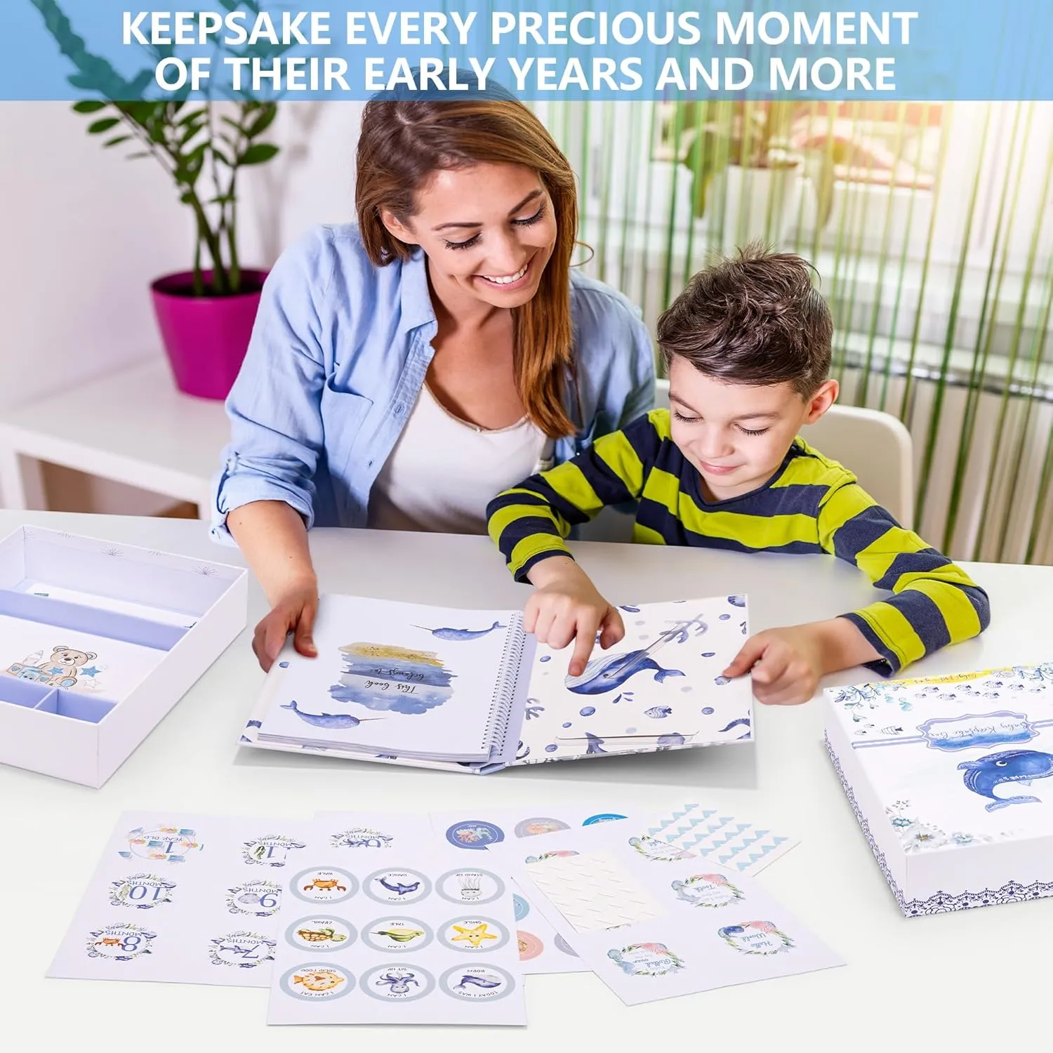 My Memory Book with Keepsake Box, Baby Milestone Stickers, Photo Corners & Footprint Kit, Under the Sea Design - Baby First Five Years