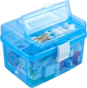 MyGift 10 Inch First Aid Transparent Blue Bin with Removable Tray, Quick Access Lid Flap and Carrying Handle, Portable Emergency Kit, Medical Supply Travel Tote, Medicine Storage Box Container