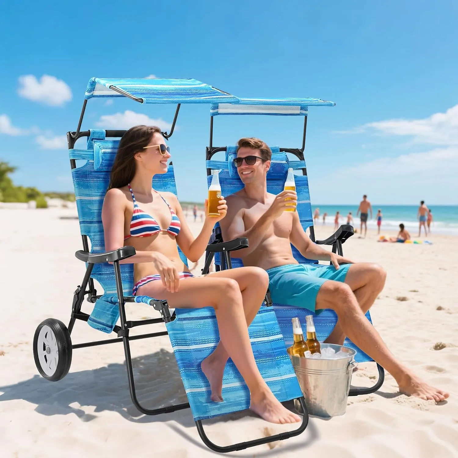 NAIZEA 2 in 1 Beach Cart Chairs with Wheels, Beach Chair with Canopy Shade, Folding Reclining Lounge Chair for Patio, Pool, Balcony, Backyard