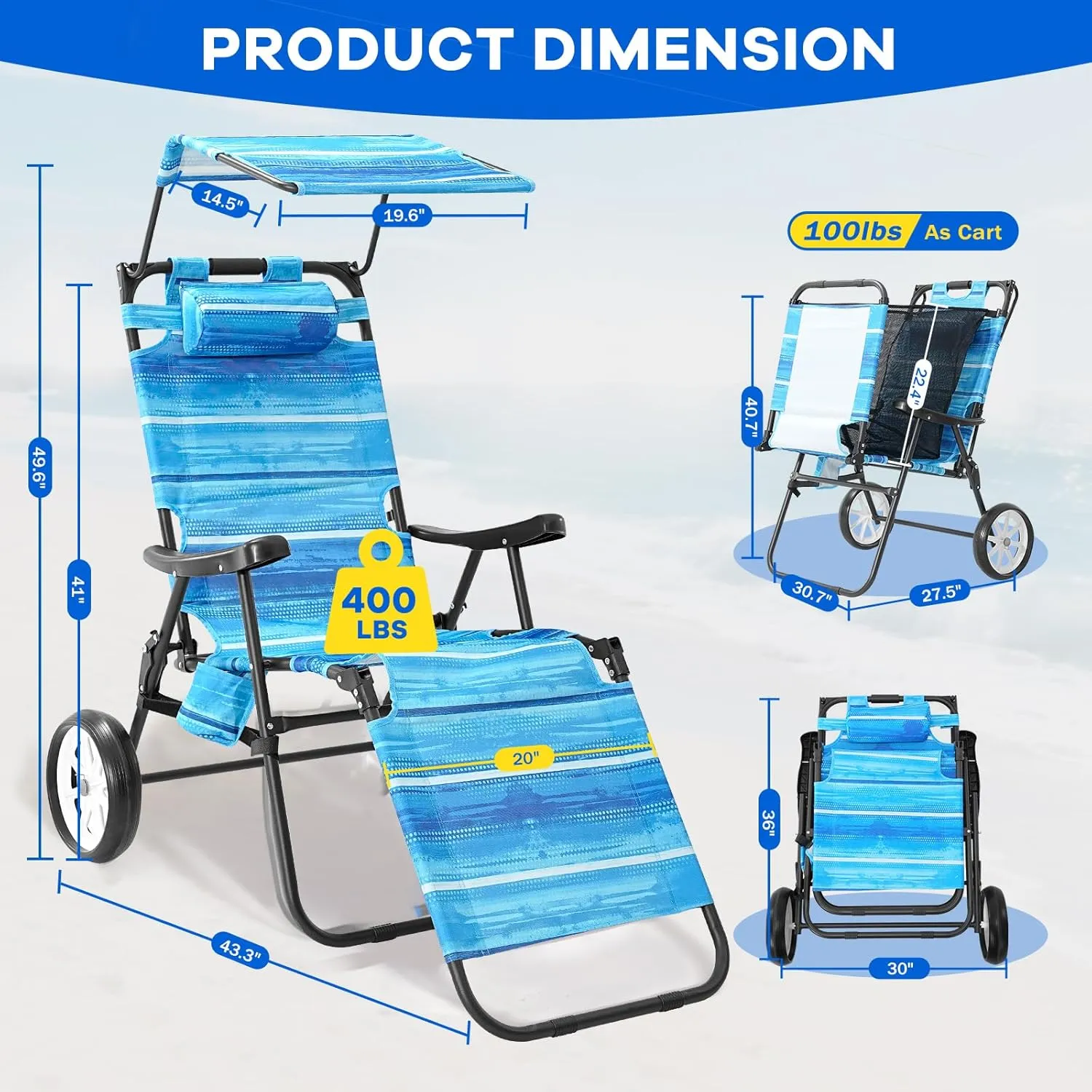 NAIZEA 2 in 1 Beach Cart Chairs with Wheels, Beach Chair with Canopy Shade, Folding Reclining Lounge Chair for Patio, Pool, Balcony, Backyard