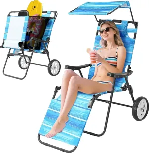 NAIZEA 2 in 1 Beach Cart Chairs with Wheels, Beach Chair with Canopy Shade, Folding Reclining Lounge Chair for Patio, Pool, Balcony, Backyard