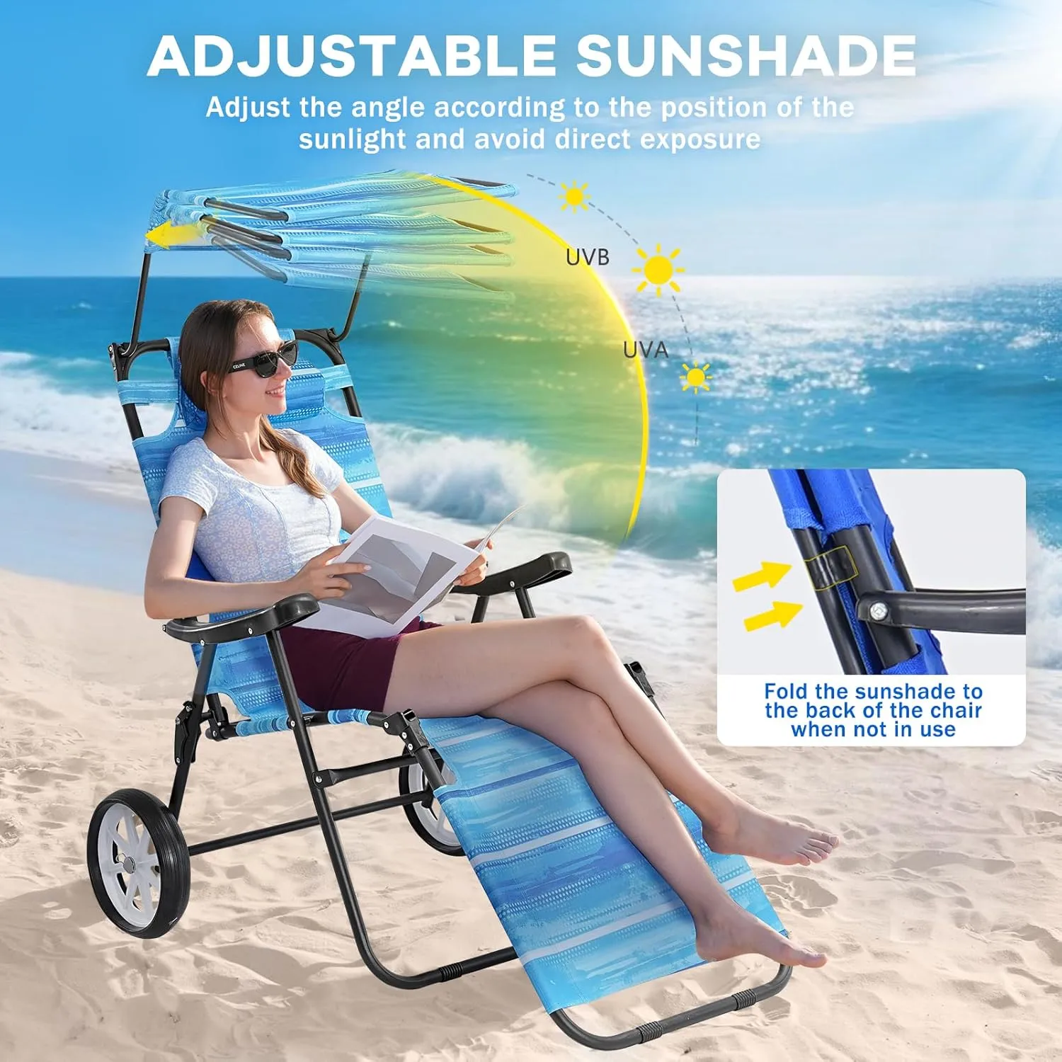 NAIZEA 2 in 1 Beach Cart Chairs with Wheels, Beach Chair with Canopy Shade, Folding Reclining Lounge Chair for Patio, Pool, Balcony, Backyard