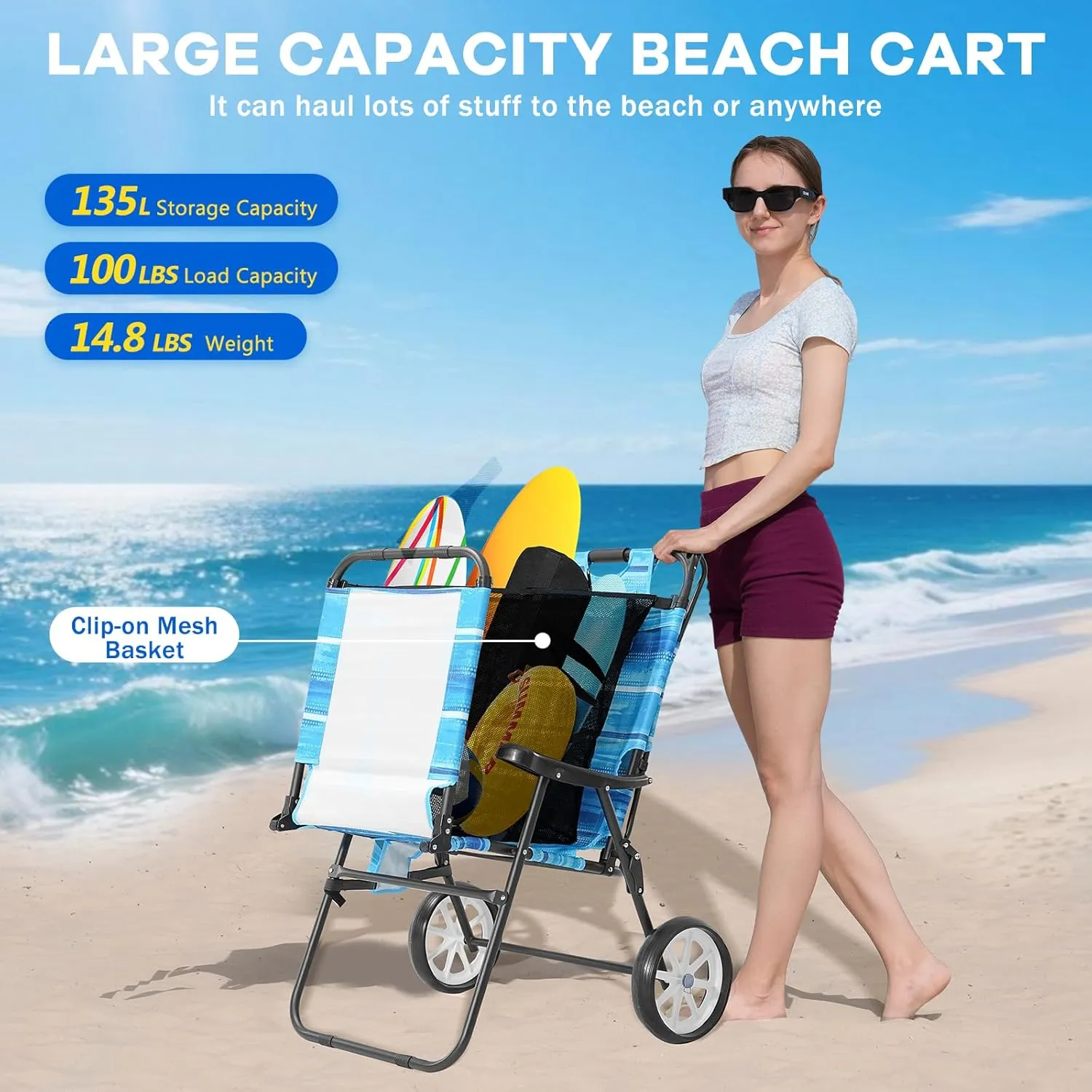 NAIZEA 2 in 1 Beach Cart Chairs with Wheels, Beach Chair with Canopy Shade, Folding Reclining Lounge Chair for Patio, Pool, Balcony, Backyard