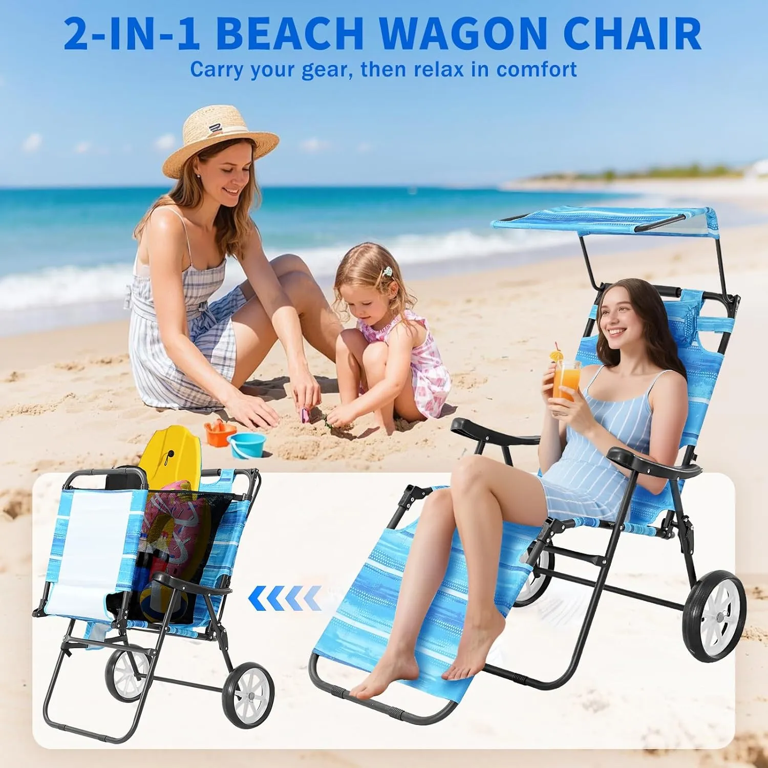 NAIZEA 2 in 1 Beach Cart Chairs with Wheels, Beach Chair with Canopy Shade, Folding Reclining Lounge Chair for Patio, Pool, Balcony, Backyard