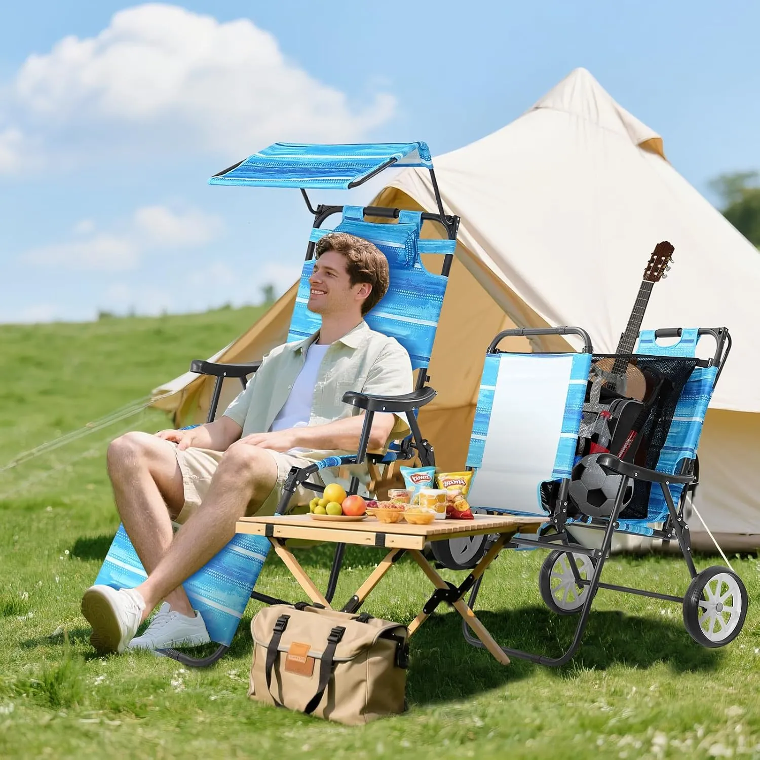 NAIZEA 2 in 1 Beach Cart Chairs with Wheels, Beach Chair with Canopy Shade, Folding Reclining Lounge Chair for Patio, Pool, Balcony, Backyard