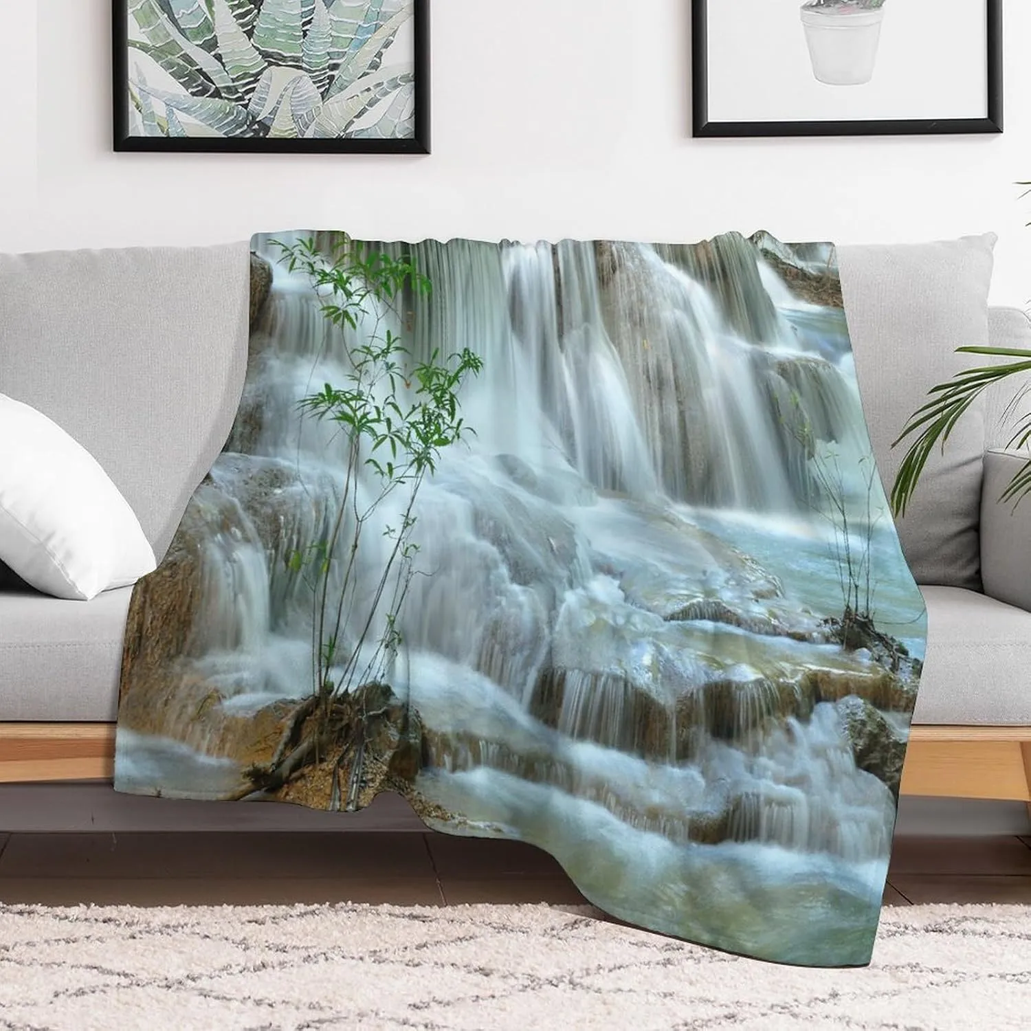 Nature Forest Landscape Throw Blanket Waterfall Bamboo Japanese Style Garden Jungle Stream Blanket for Sofa Bed Couch Chair Or Dorm 50"x60"