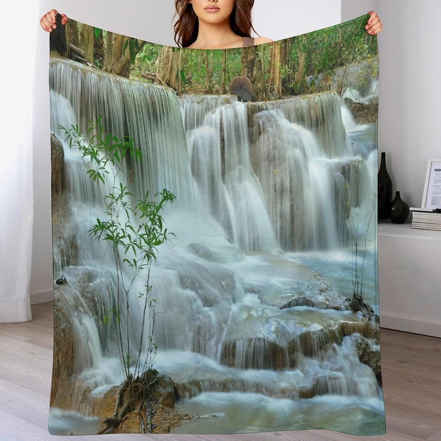 Nature Forest Landscape Throw Blanket Waterfall Bamboo Japanese Style Garden Jungle Stream Blanket for Sofa Bed Couch Chair Or Dorm 50"x60"