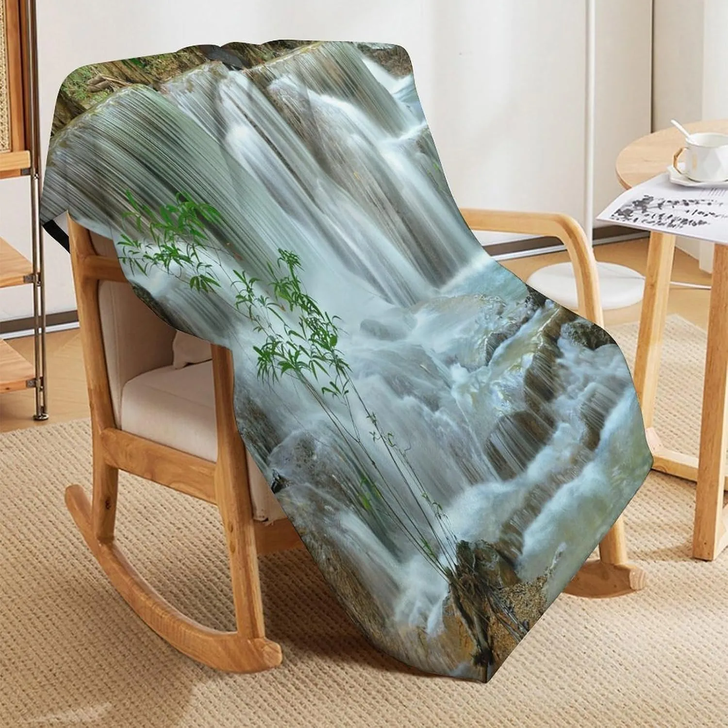 Nature Forest Landscape Throw Blanket Waterfall Bamboo Japanese Style Garden Jungle Stream Blanket for Sofa Bed Couch Chair Or Dorm 50"x60"