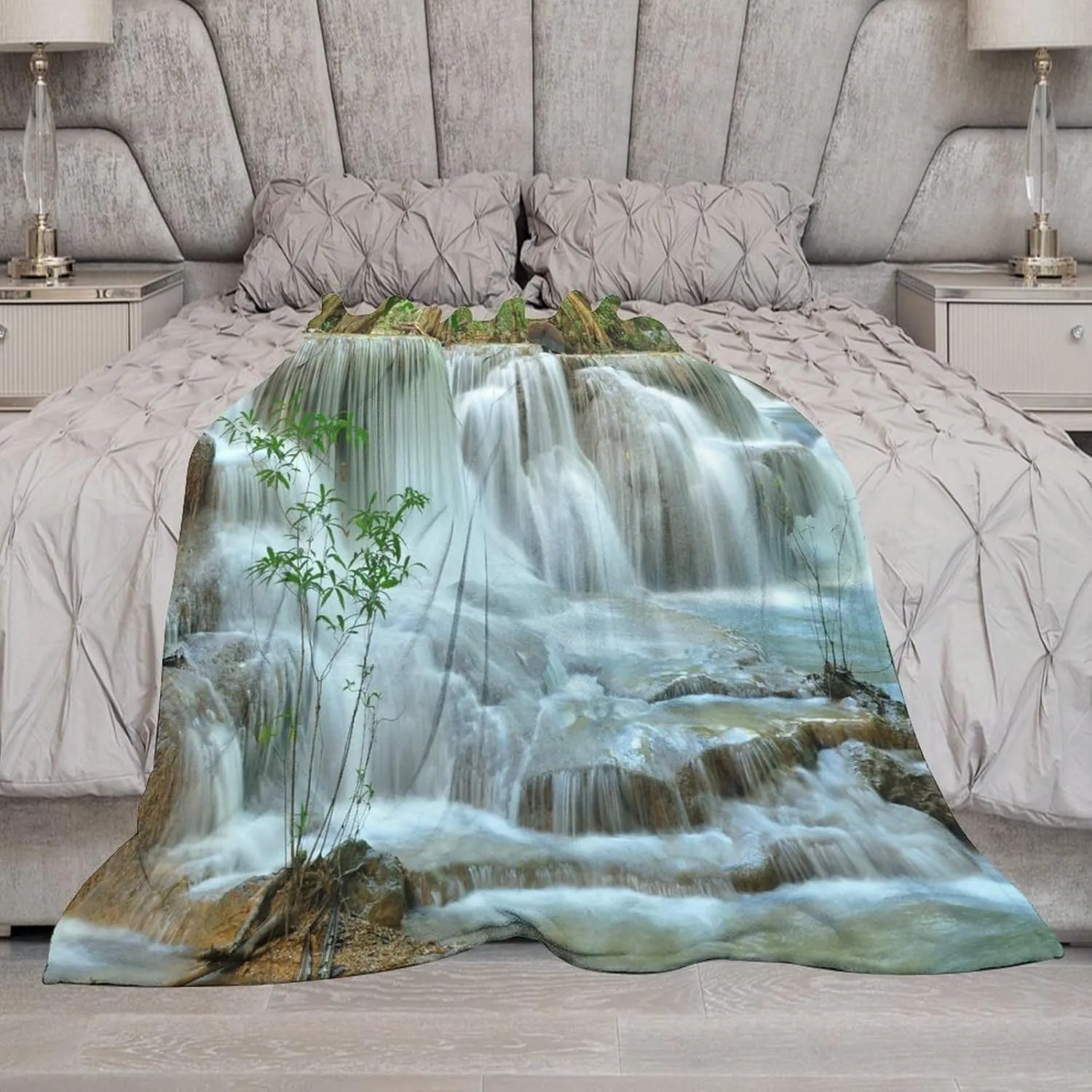Nature Forest Landscape Throw Blanket Waterfall Bamboo Japanese Style Garden Jungle Stream Blanket for Sofa Bed Couch Chair Or Dorm 50"x60"
